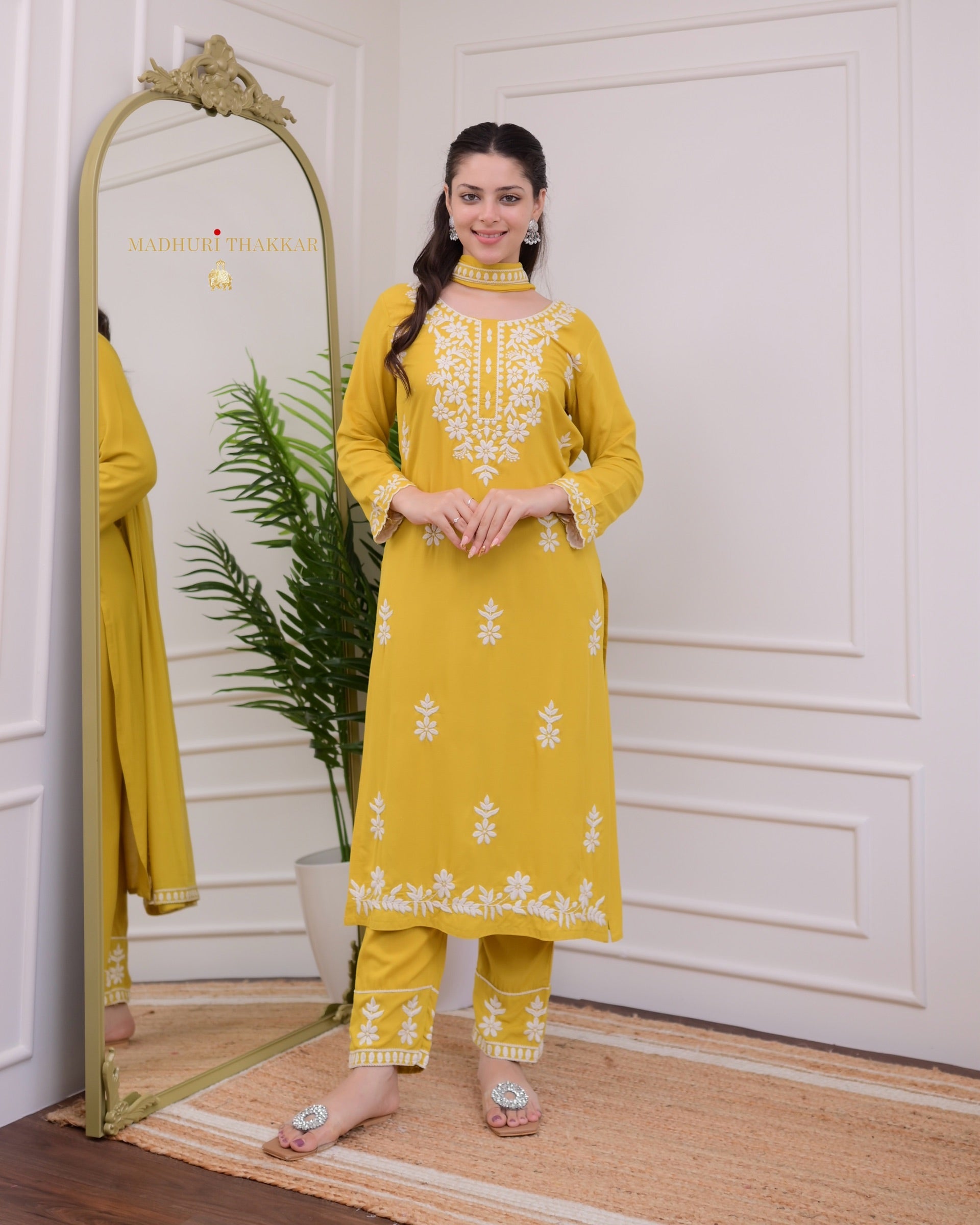 Elegant Yellow Rayon Kurti Set with Embroidered Palazzo & Nazneen Dupatta - TrendBuy