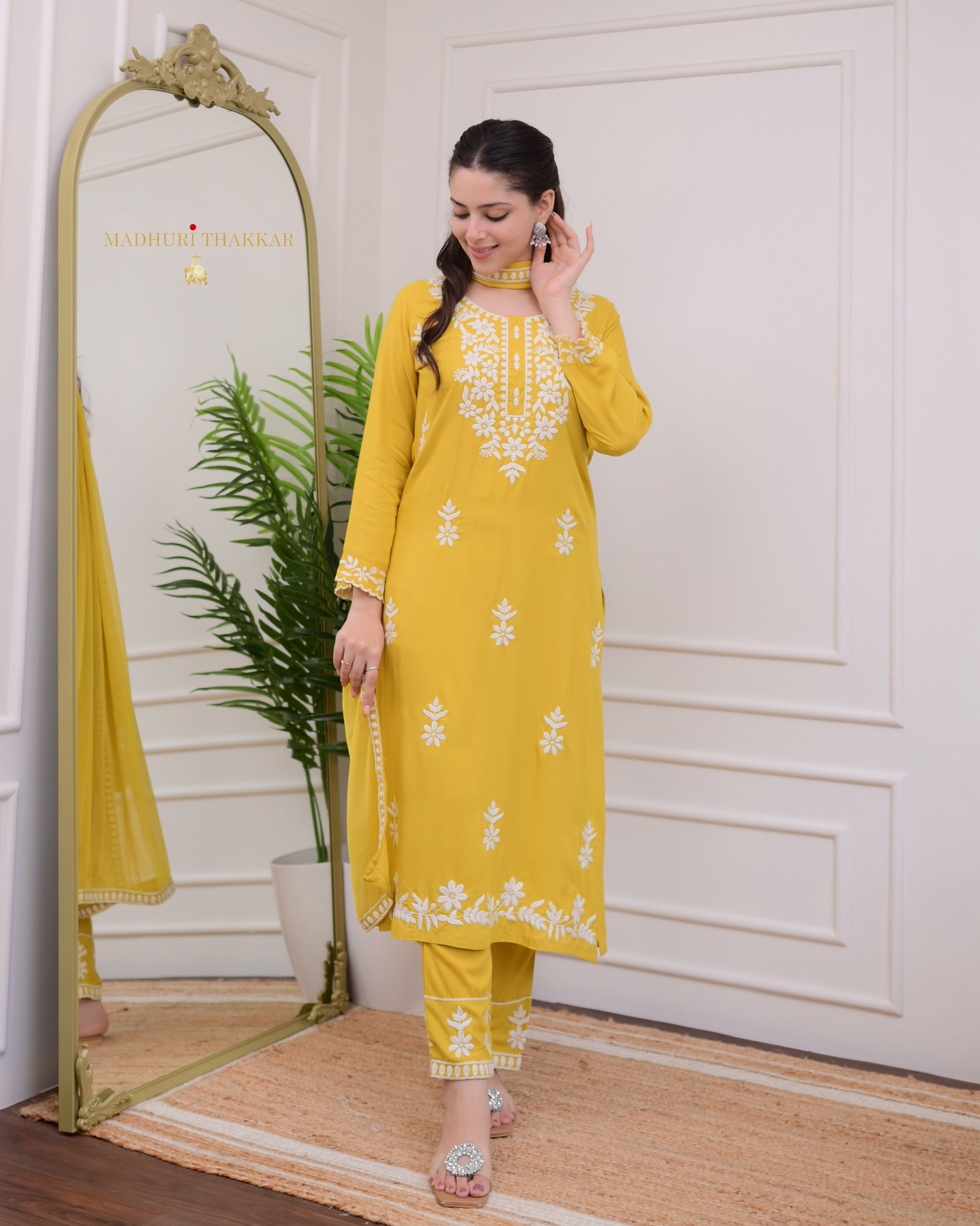 Elegant Yellow Rayon Kurti Set with Embroidered Palazzo & Nazneen Dupatta - TrendBuy