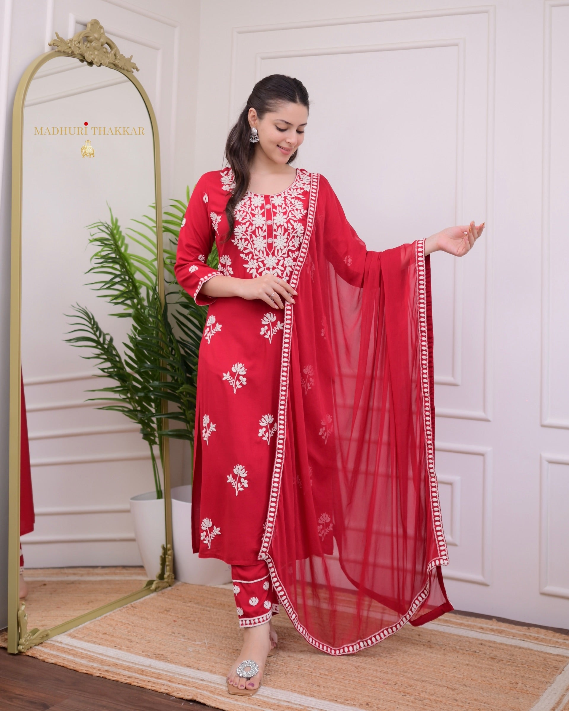 Elegant Red Rayon Kurti Set with Embroidered Palazzo & Nazneen Dupatta - TrendBuy