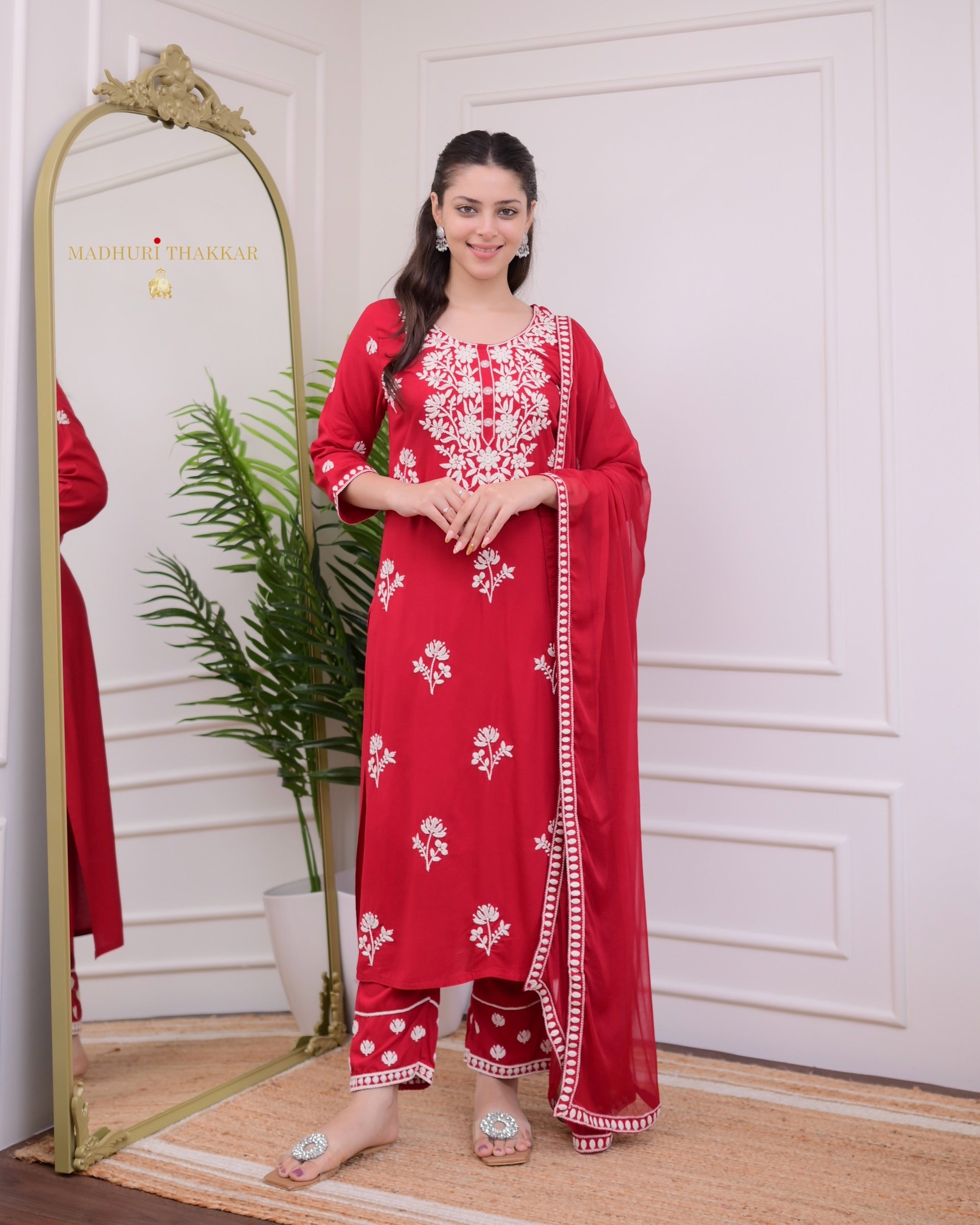 Elegant Red Rayon Kurti Set with Embroidered Palazzo & Nazneen Dupatta - TrendBuy