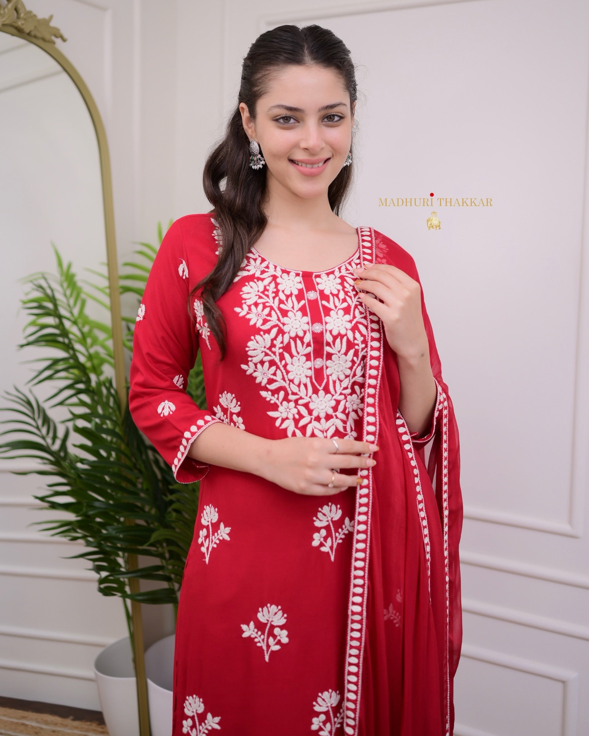 Elegant Red Rayon Kurti Set with Embroidered Palazzo & Nazneen Dupatta - TrendBuy