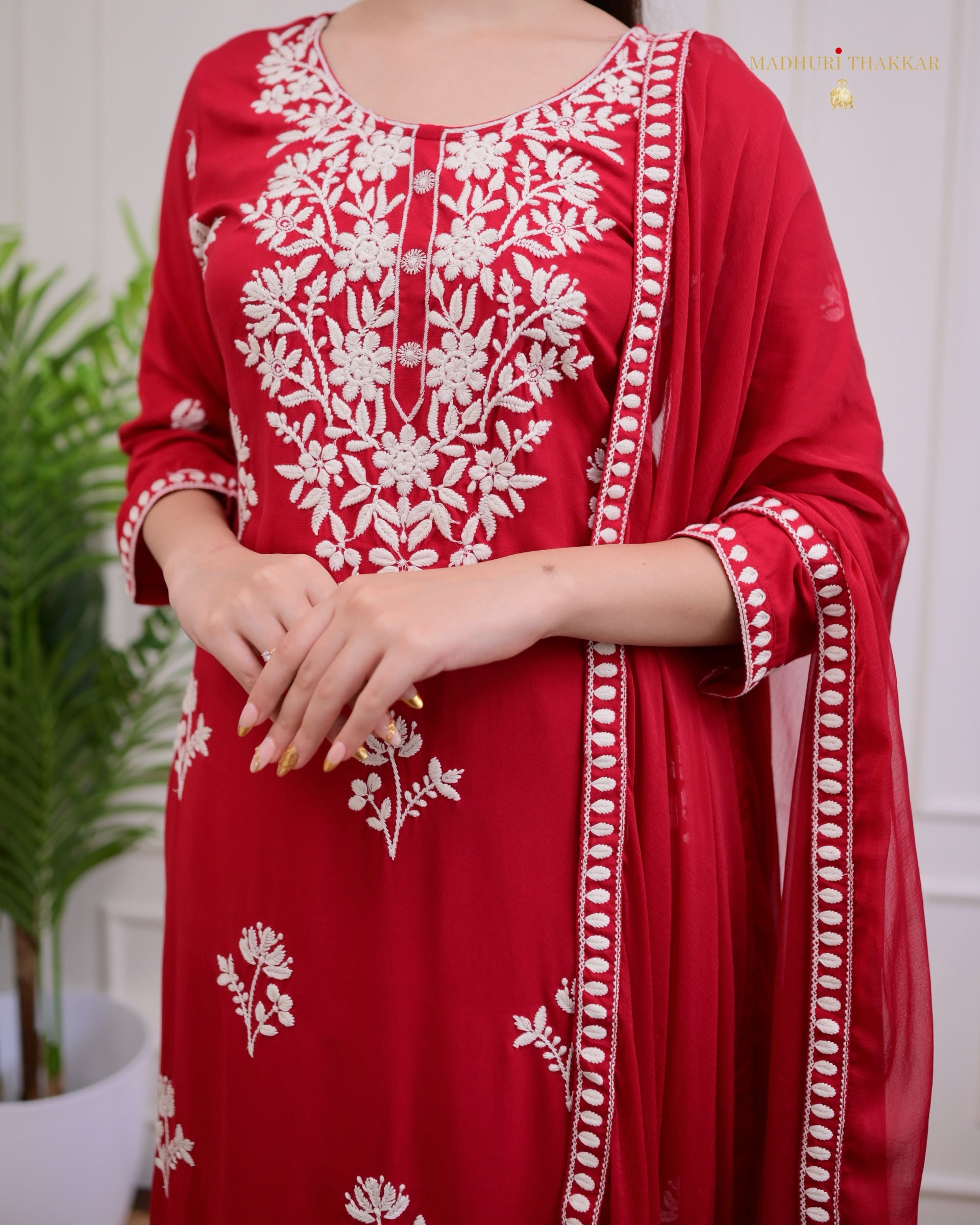 Elegant Red Rayon Kurti Set with Embroidered Palazzo & Nazneen Dupatta - TrendBuy