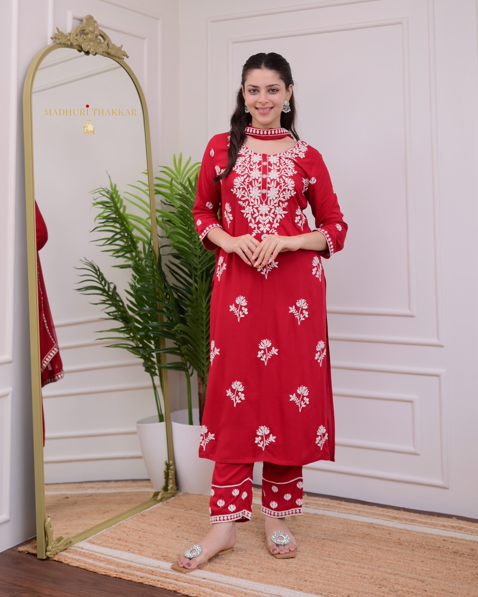 Elegant Red Rayon Kurti Set with Embroidered Palazzo & Nazneen Dupatta - TrendBuy