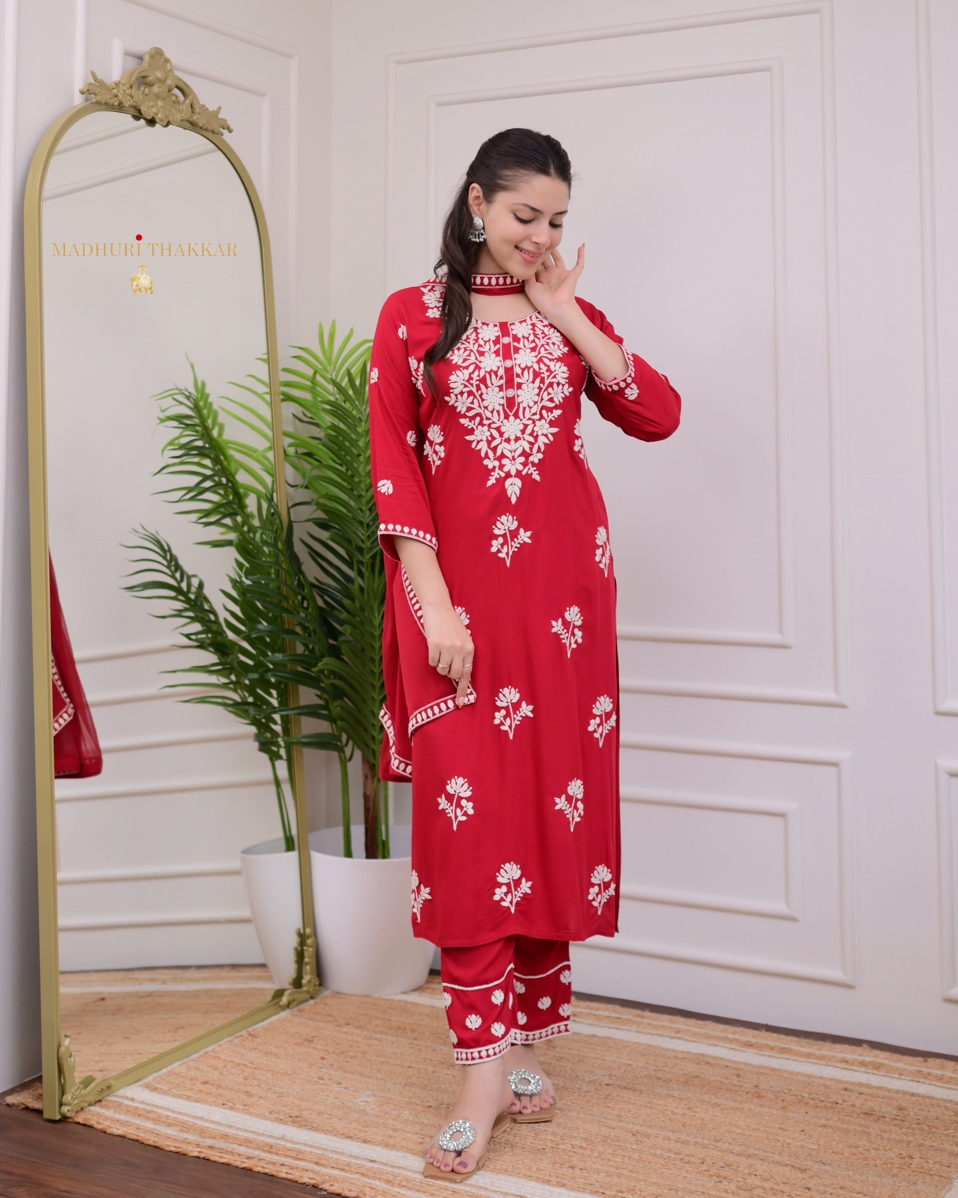 Elegant Red Rayon Kurti Set with Embroidered Palazzo & Nazneen Dupatta - TrendBuy