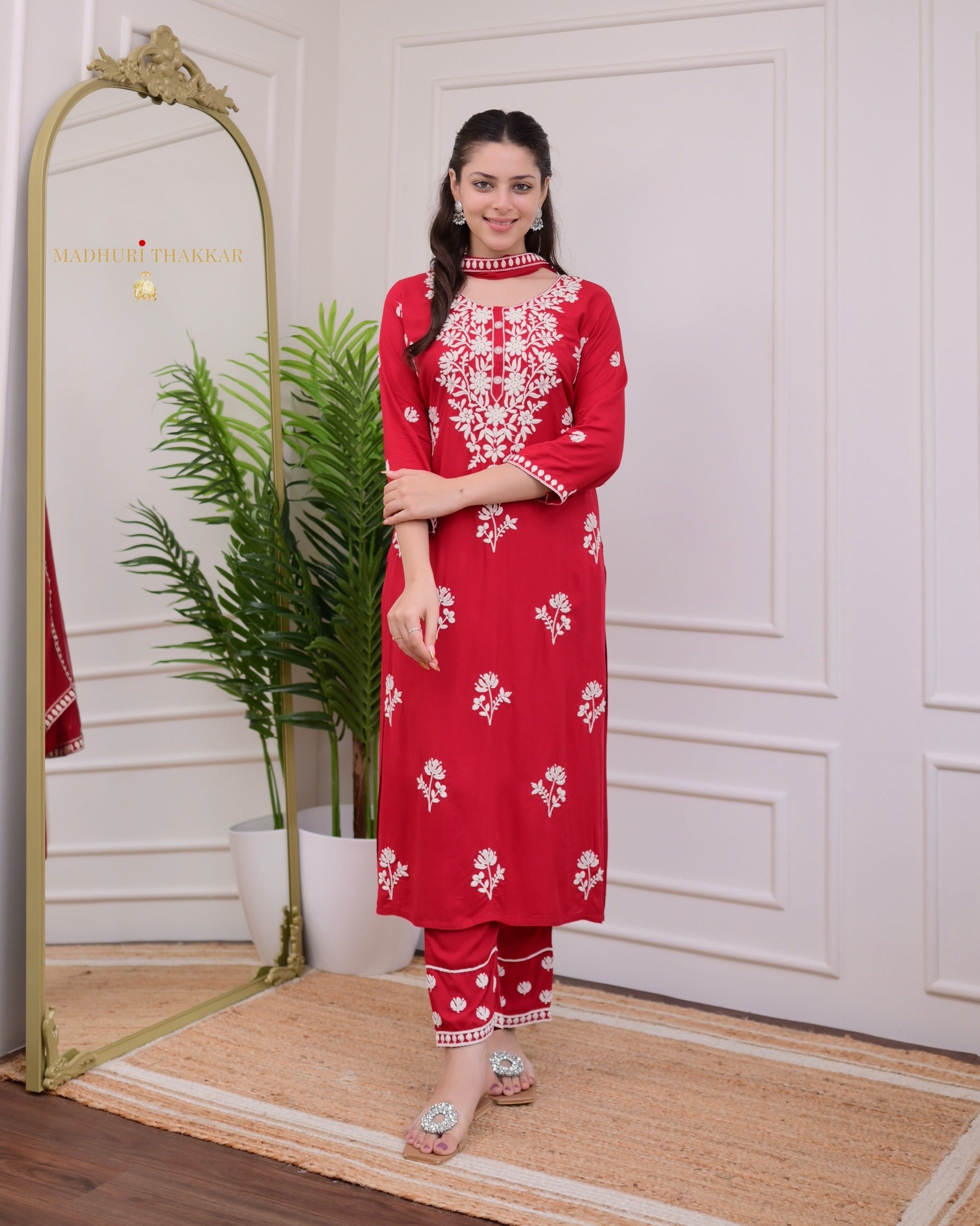 Elegant Red Rayon Kurti Set with Embroidered Palazzo & Nazneen Dupatta - TrendBuy