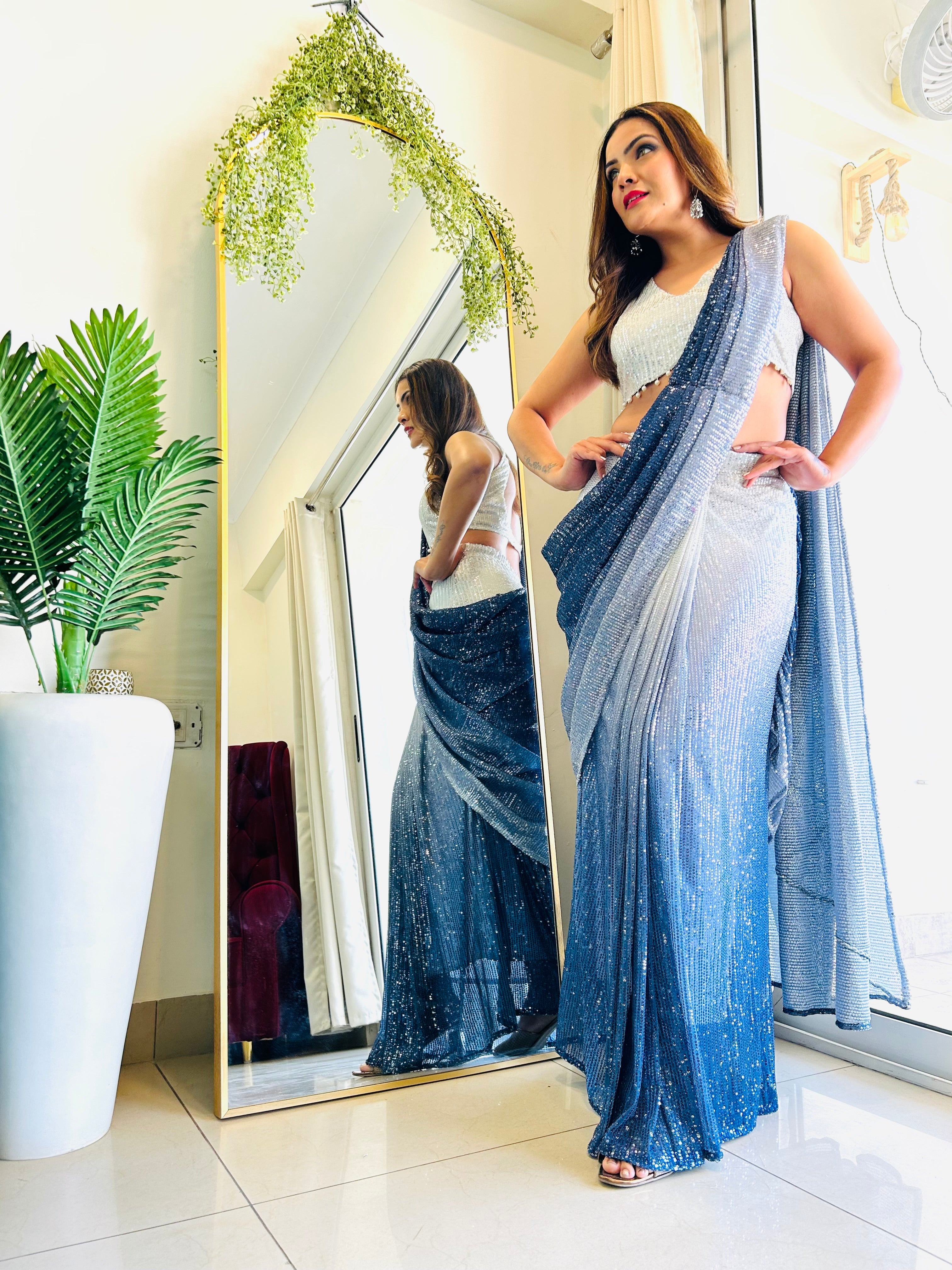 Zara Sequin Saree – Pre-draped Partywear & Wedding Saree with Drop Hangings