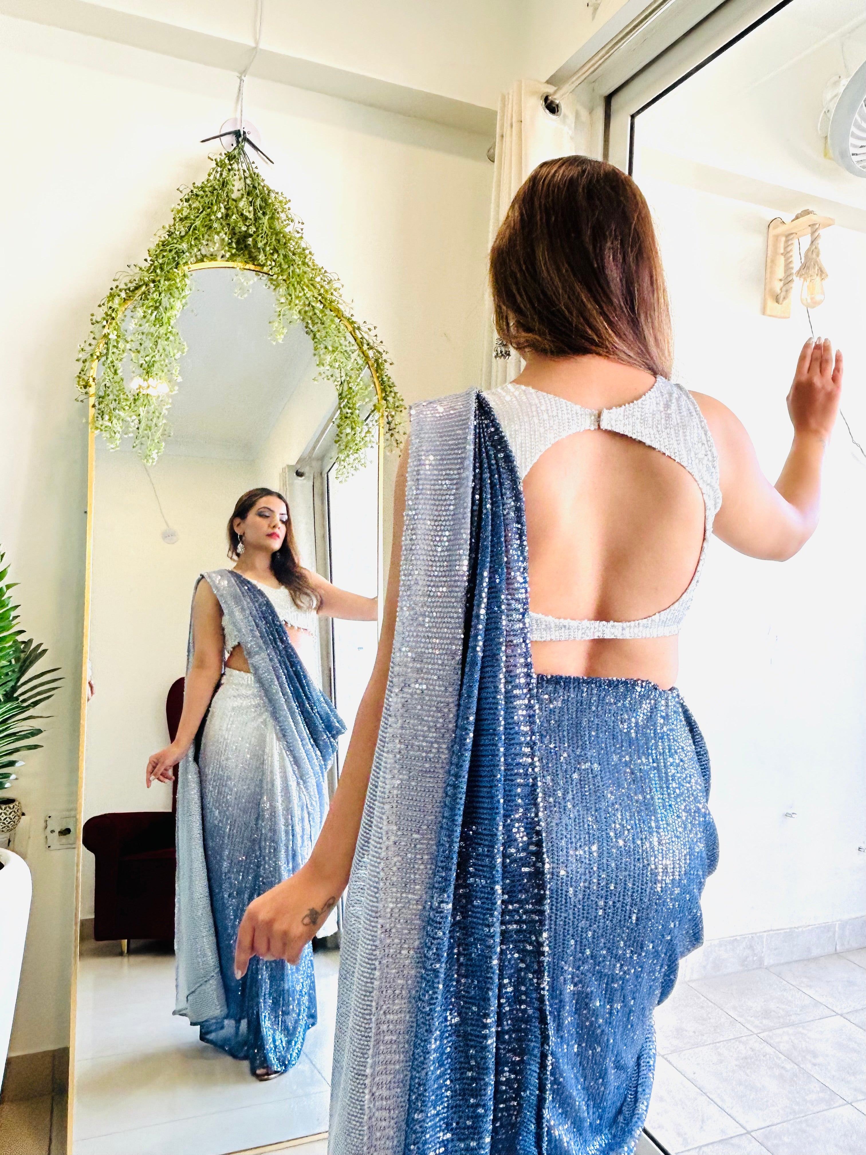 Zara Sequin Saree – Pre-draped Partywear & Wedding Saree with Drop Hangings