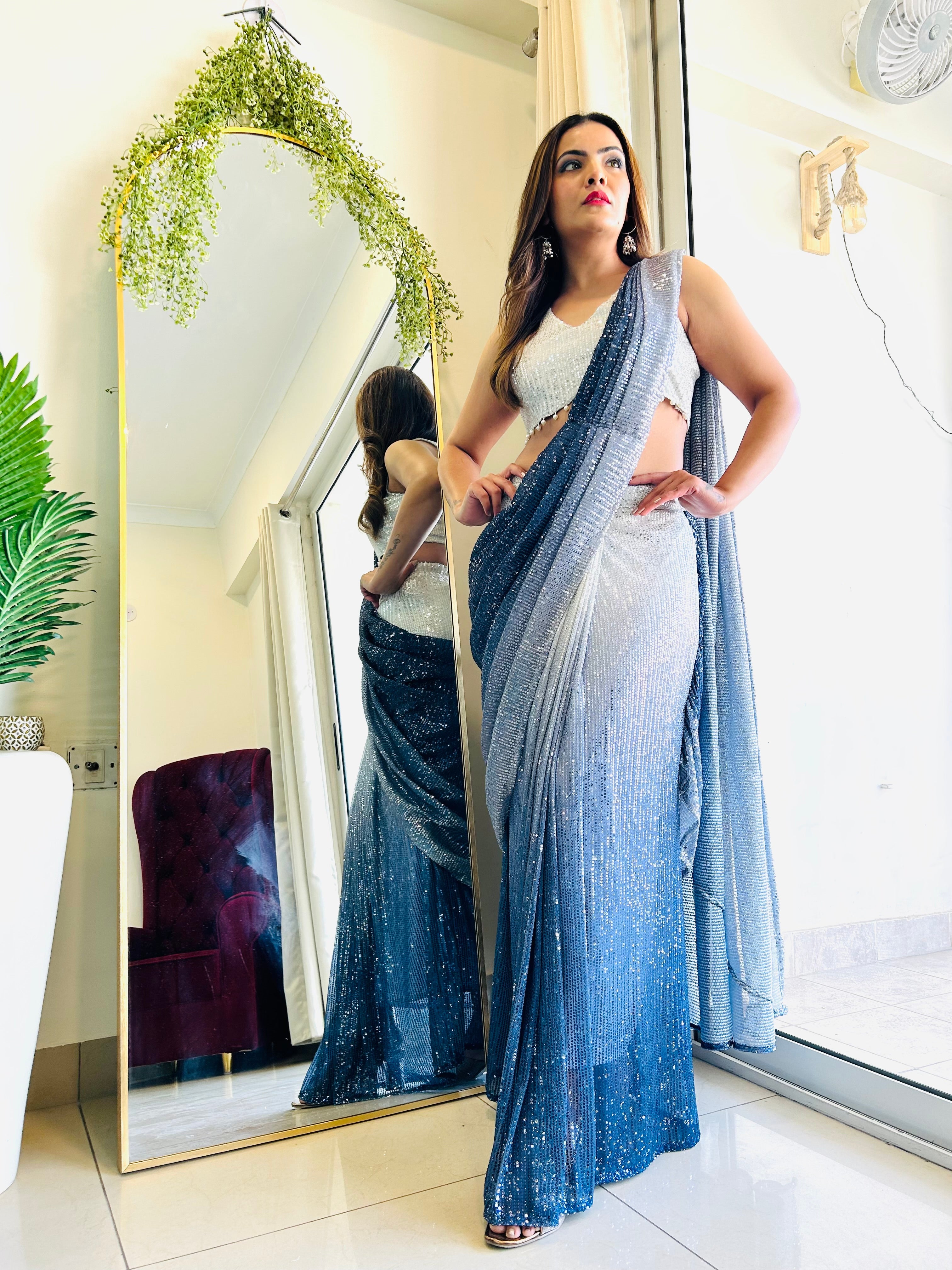 Zara Sequin Saree – Pre-draped Partywear & Wedding Saree with Drop Hangings