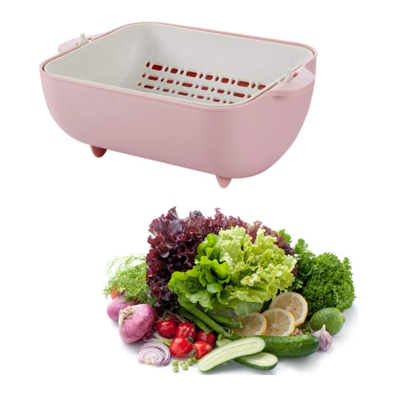 2717 Multifunctional Bpa Free Double Layered Plastic Rotatable Strainer Bowl With Handles For Washing Rinsing Serving Vegetables Fruits (Multicolor)