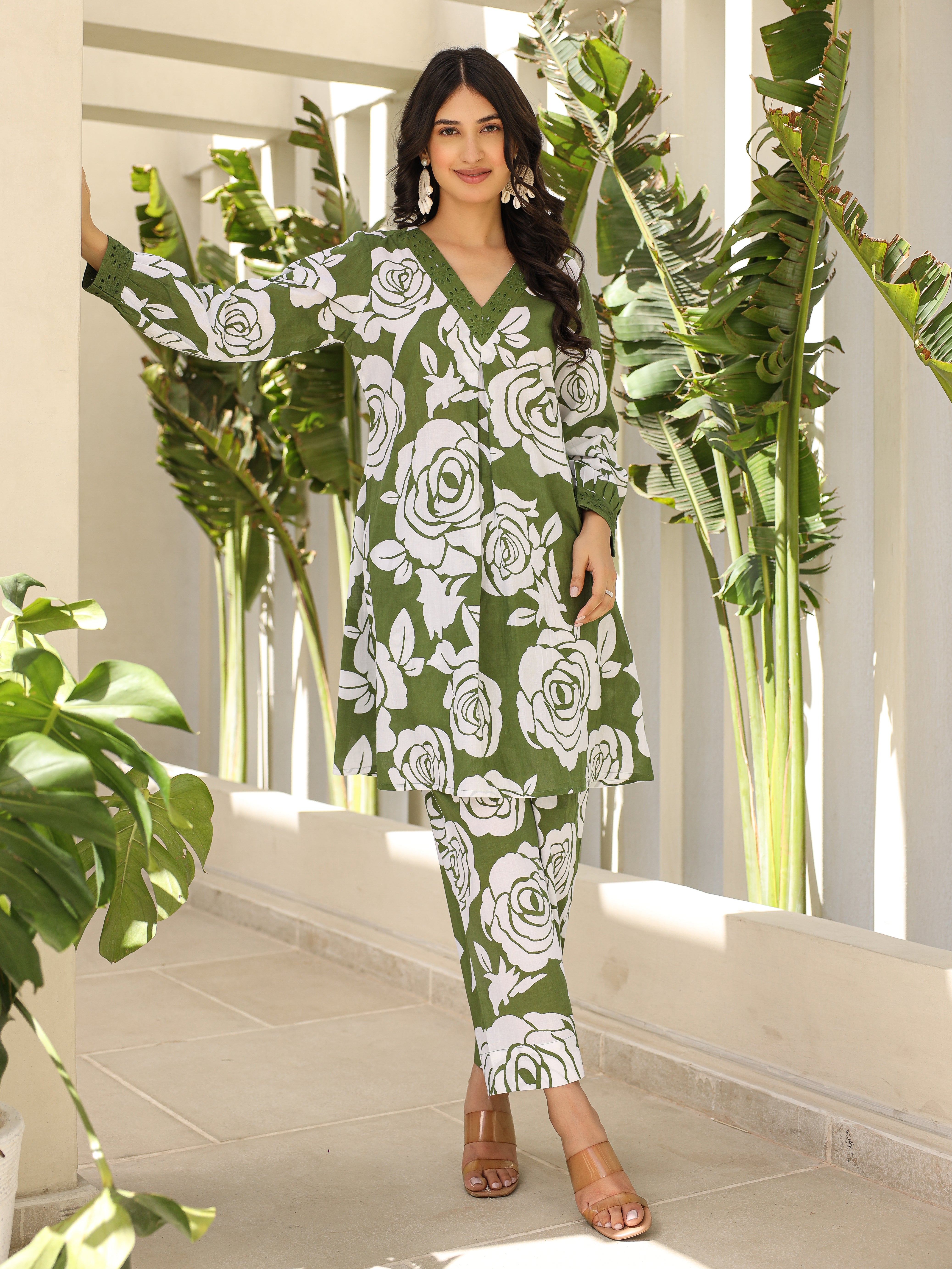 Heavy Green Cotton V Neck Co-Ord Set