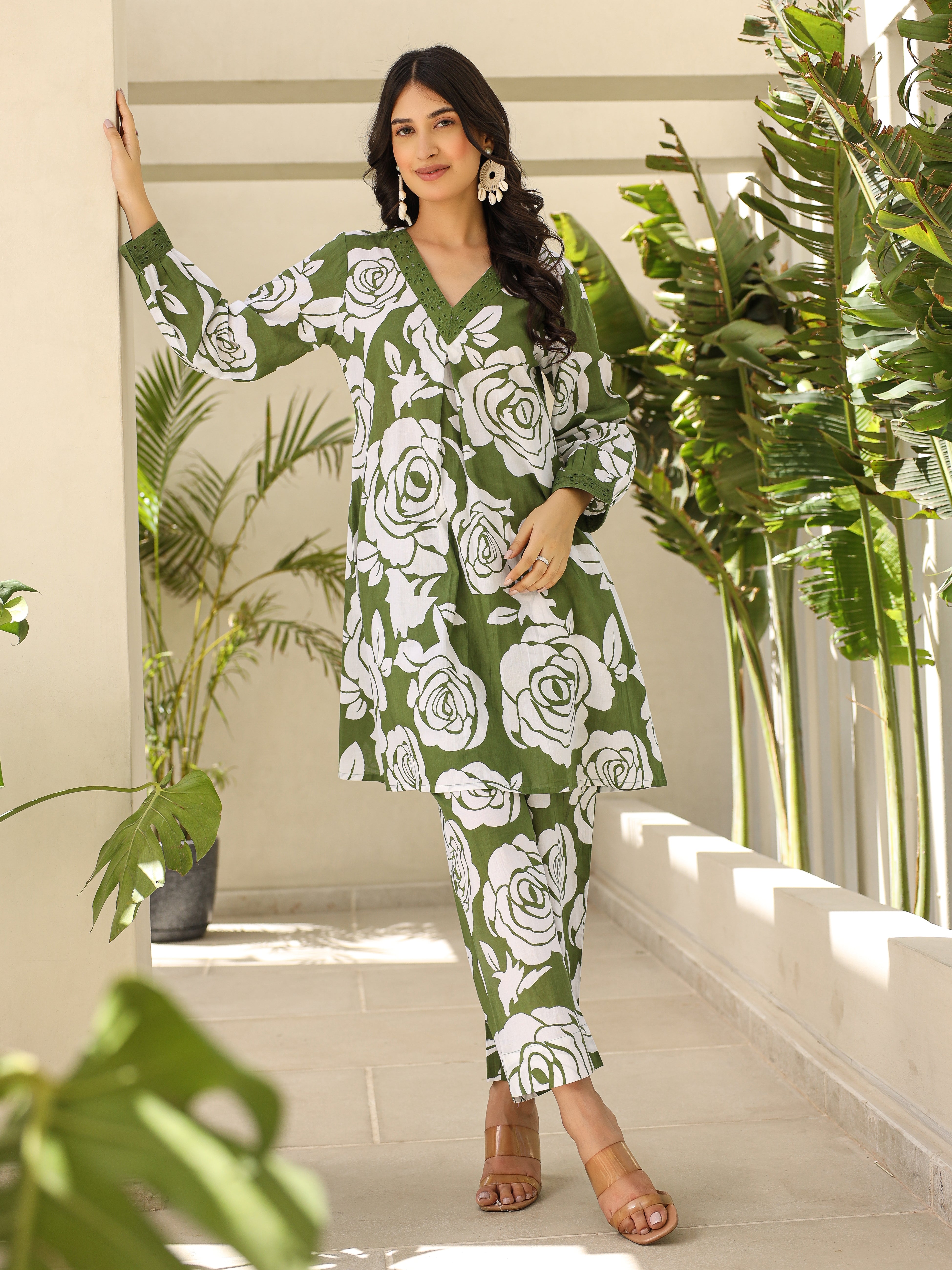 Heavy Green Cotton V Neck Co-Ord Set