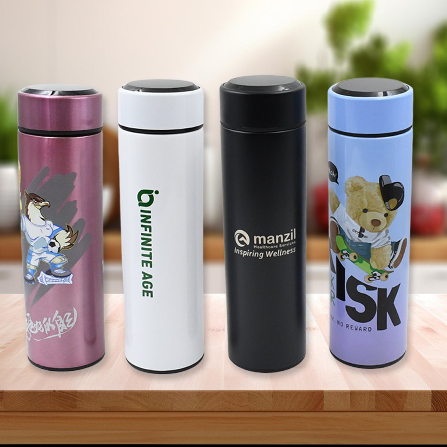 Printed Smart Vacuum Insulated Water Bottle With Led Temperature Display (1 Pc  500 Ml Approx  Multicolor  Mix Design )