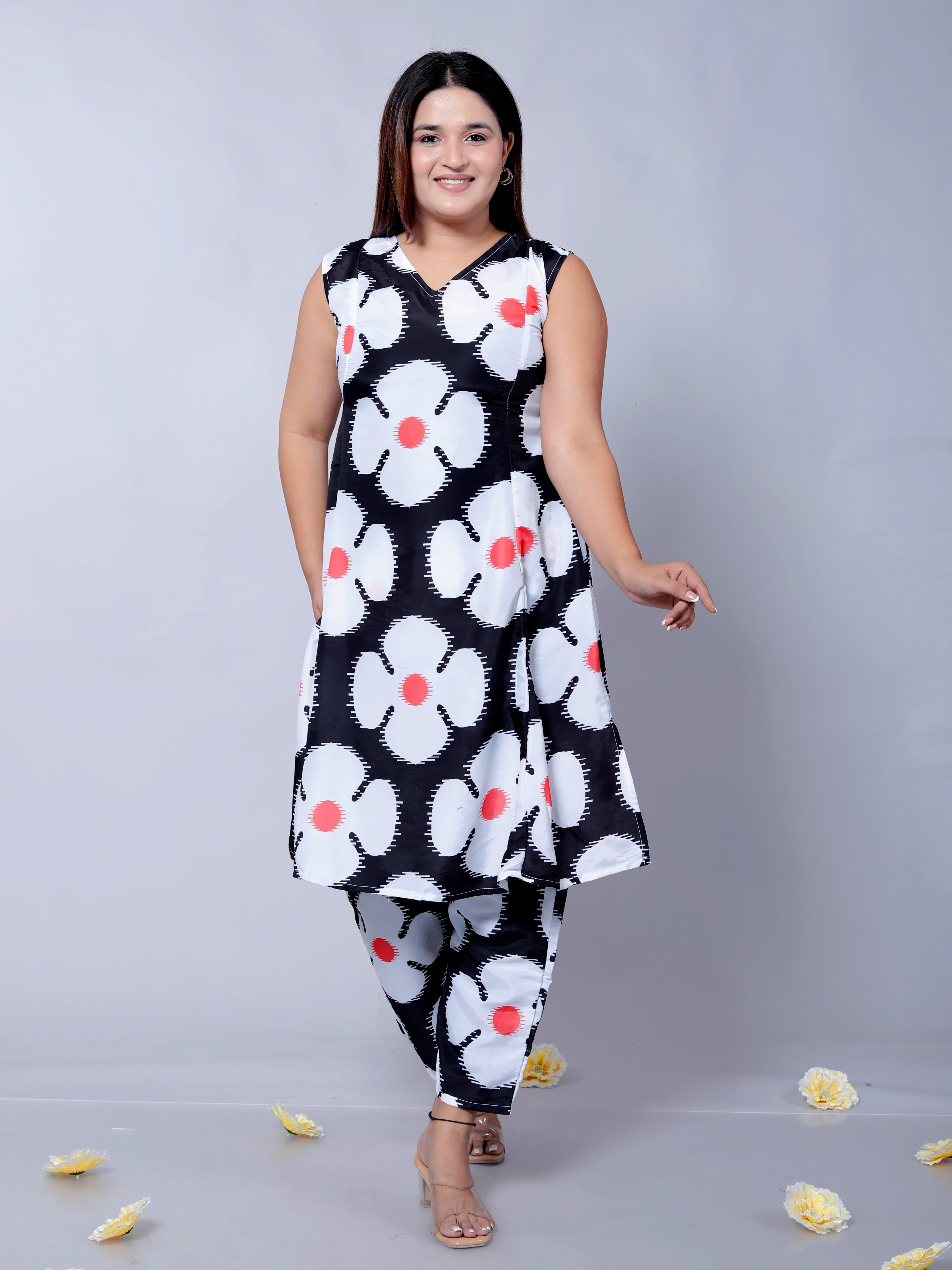 Women's Floral Printed Muslin Cotton Kurta with Matching Trousers D6023 – Stylish Sleeveless V-Neck Outfit