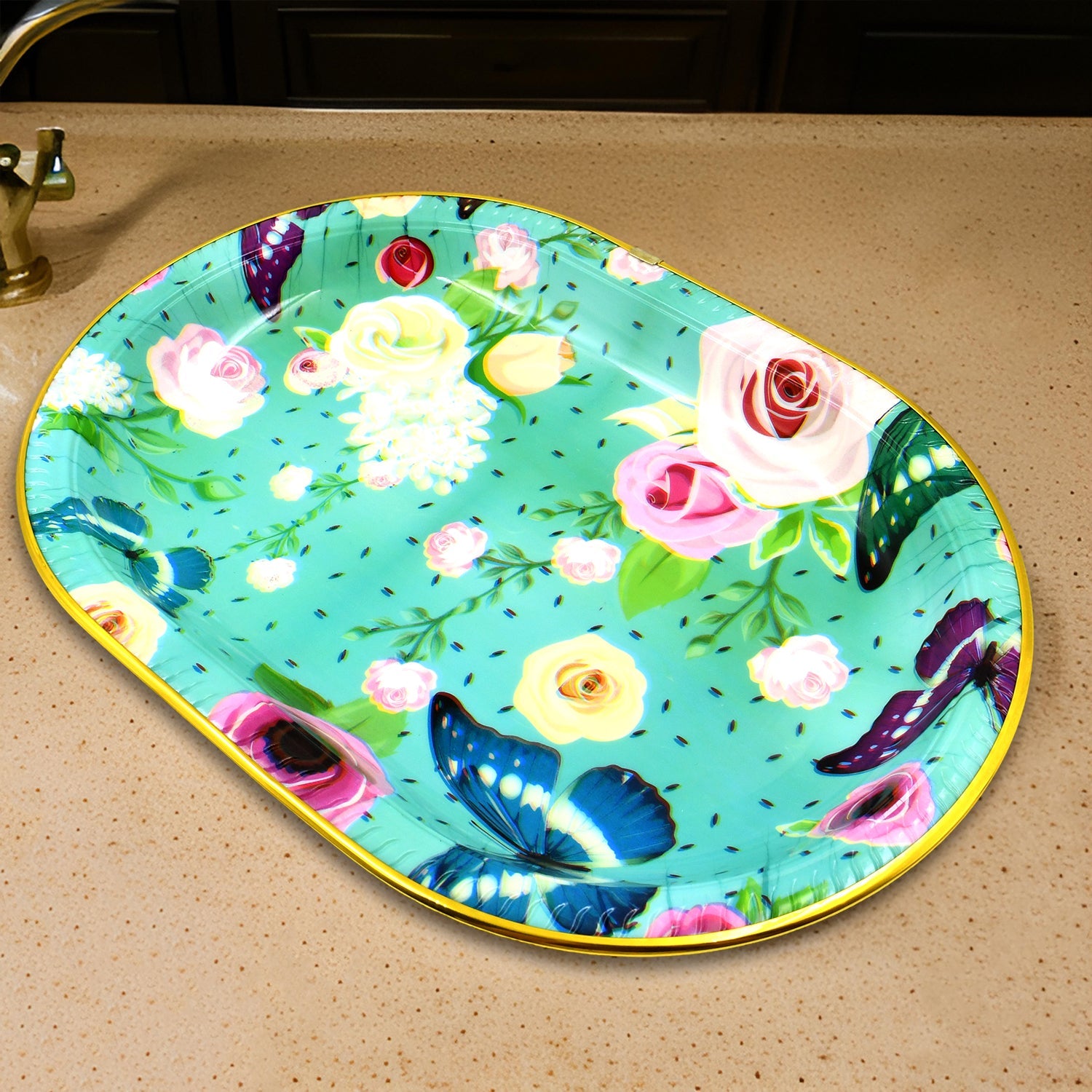 Plastic Flower Printed Design Serving Tray (3 Pcs Set  Mix Color)