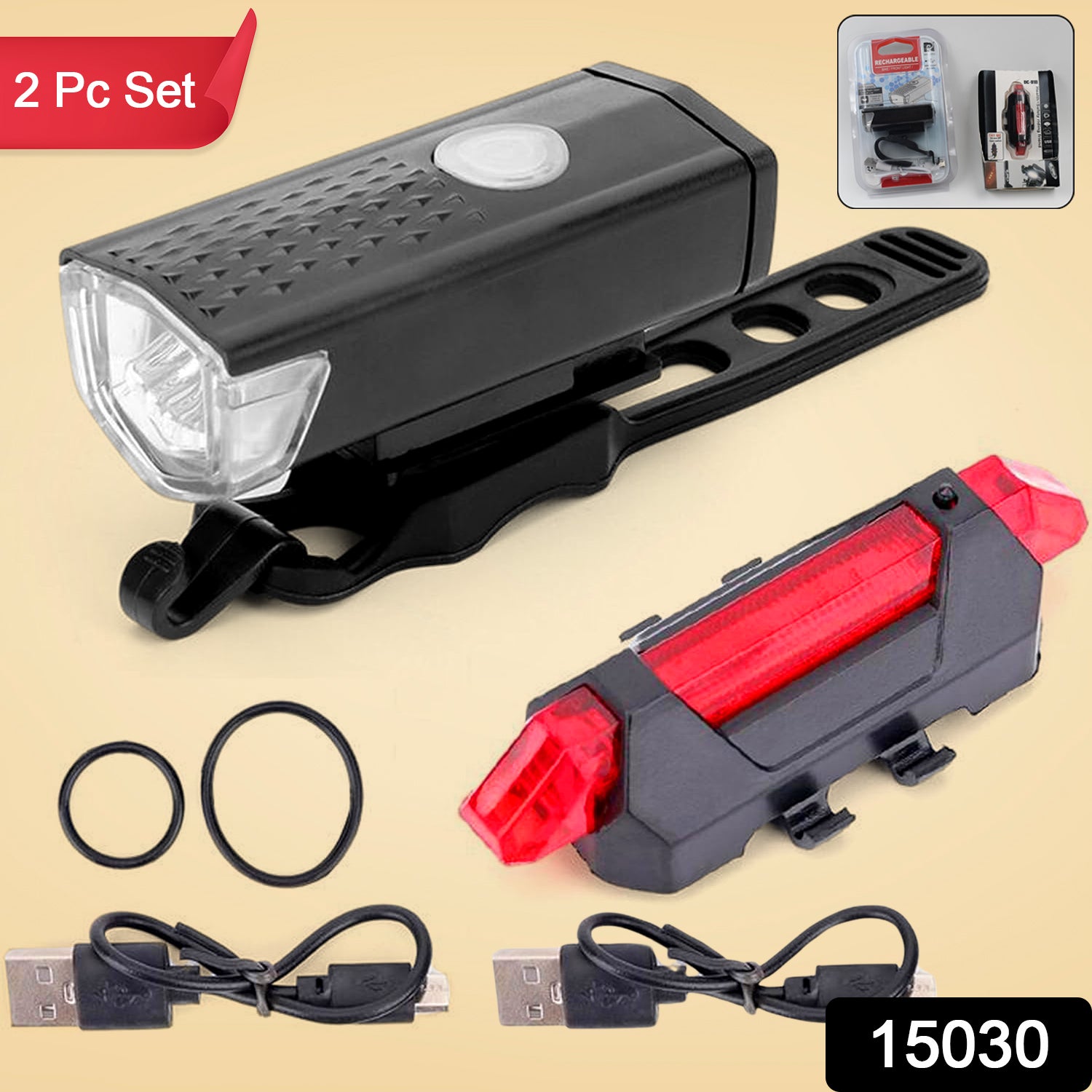 Combo Of Bicycle Led Usb Rechargeable Head Light And Tail Light (2 Pc Set)