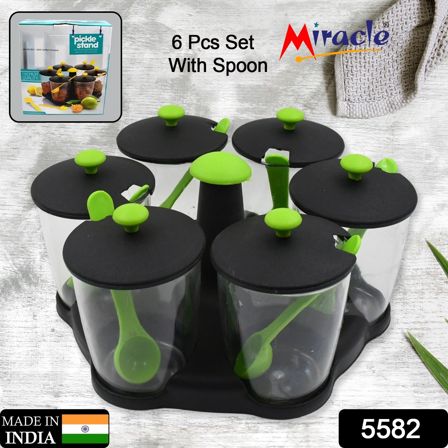 5582 Multipurpose 6 Piece Miracle Revolving Plastic Spice Container Rack With 6 Spoon Condiment Set Masala Rack Set Revolving Spice Rack Aachar Container Chutney Mukhwas Tray Masala Dining Spice Stand