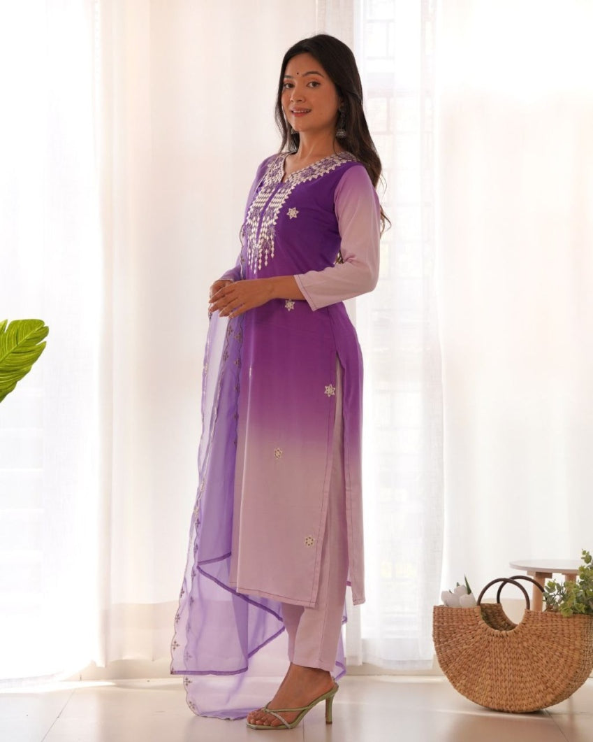 Side view of muslin kurti set with elegant dupatta