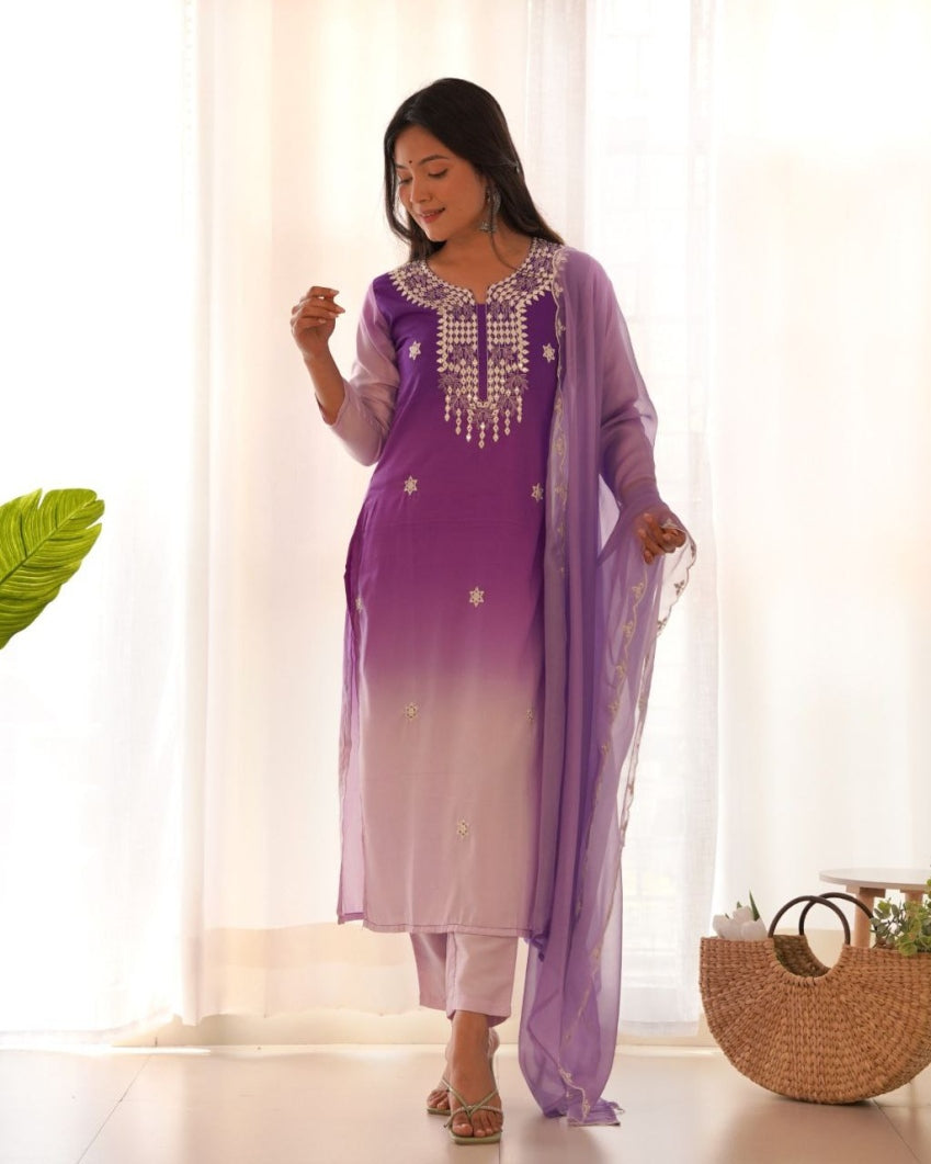 Muslin embroidered kurti set with purple gradient and dupatta