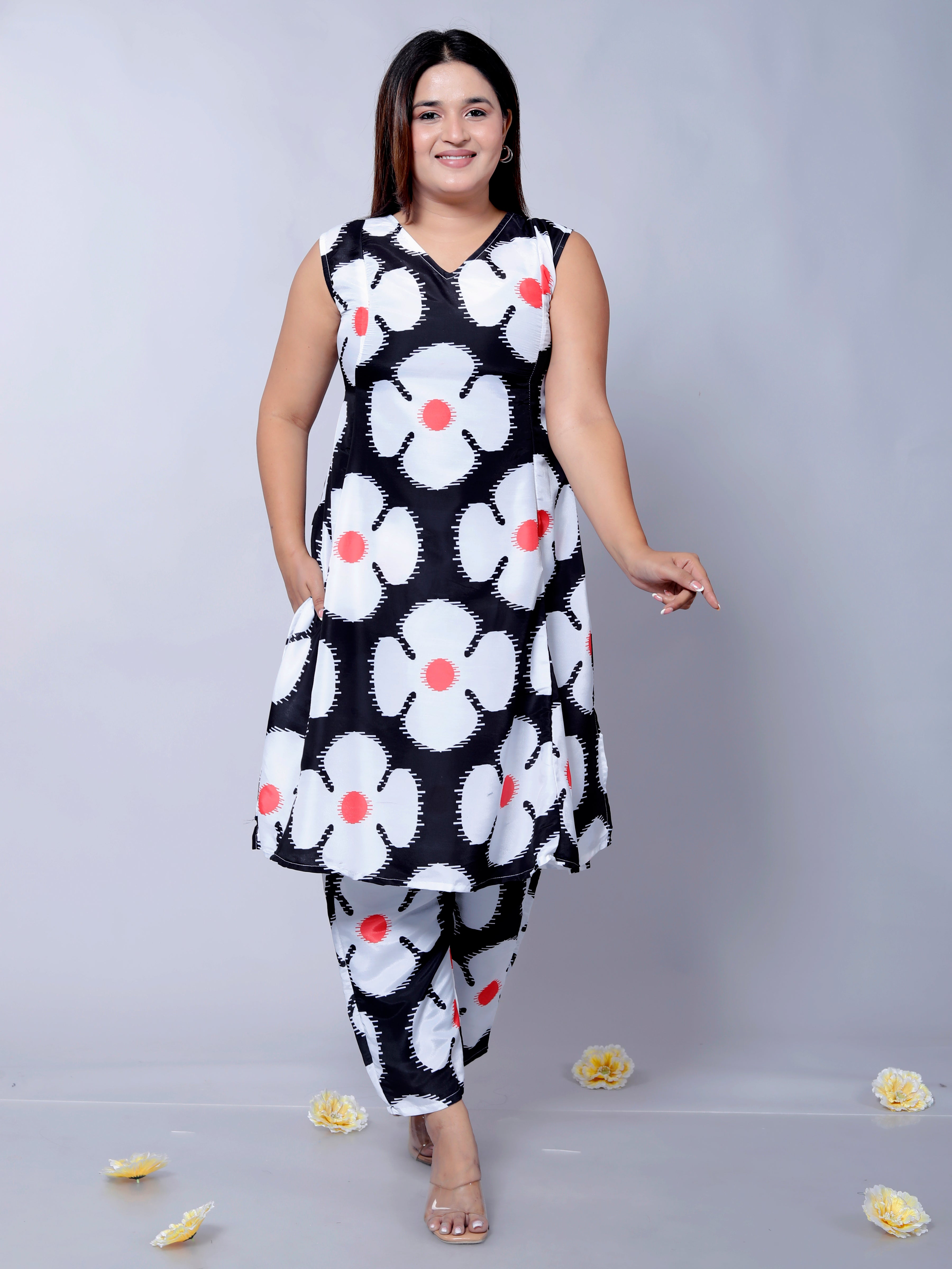 Women's Floral Printed Muslin Cotton Kurta with Matching Trousers D6023 – Stylish Sleeveless V-Neck Outfit