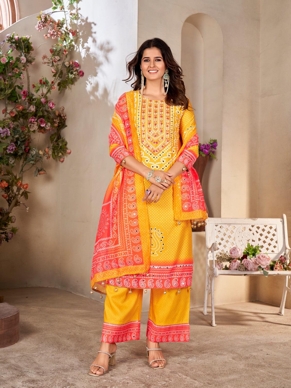 TrendBuy Rivu Soft Heavy Muslin Salwar Suit with Real Mirror Hand Work