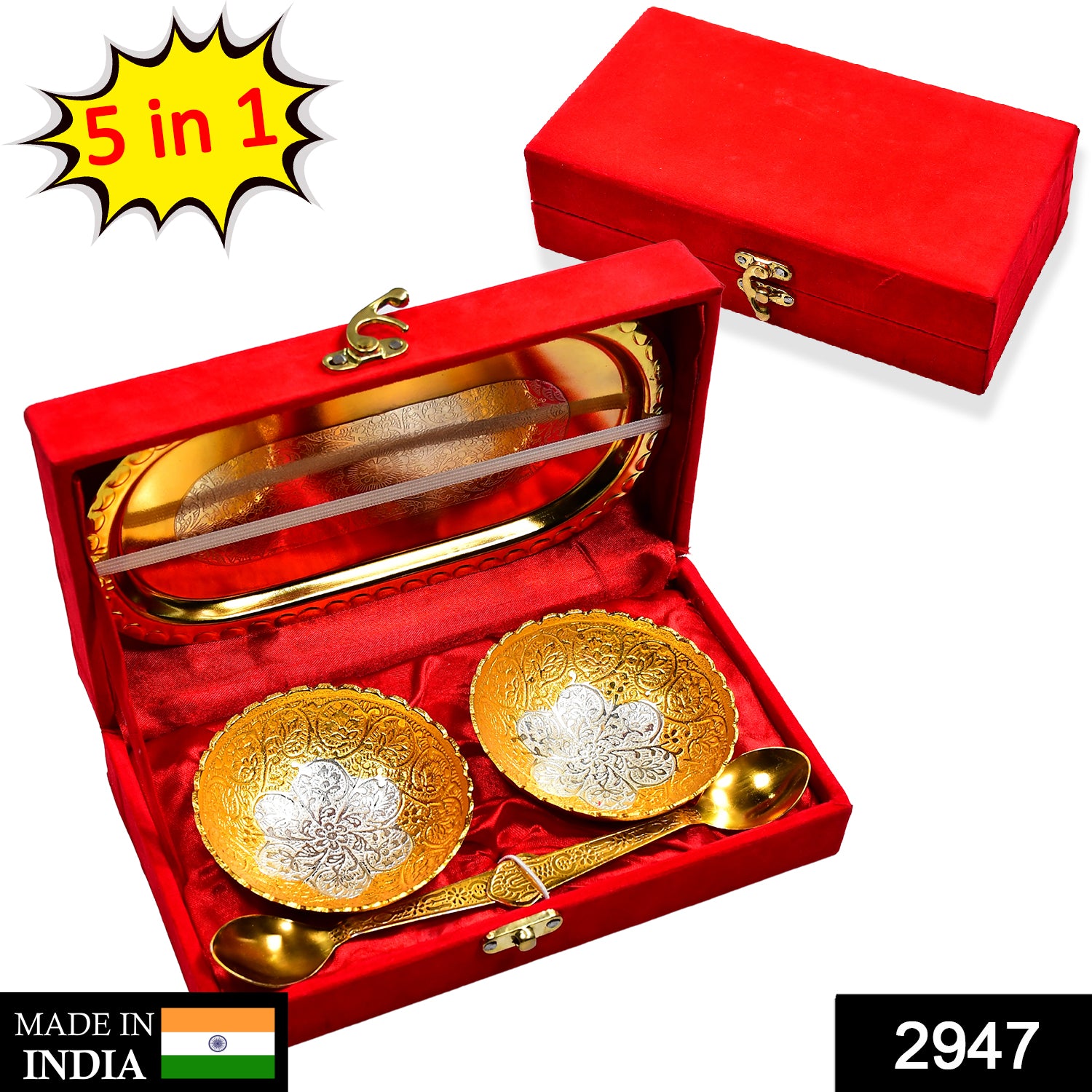 2947 Gold Silver Plated 2 Bowl 2 Spoon Tray Set Brass With Red Velvet Gift Box Serving Dry Fruits Desserts Gift