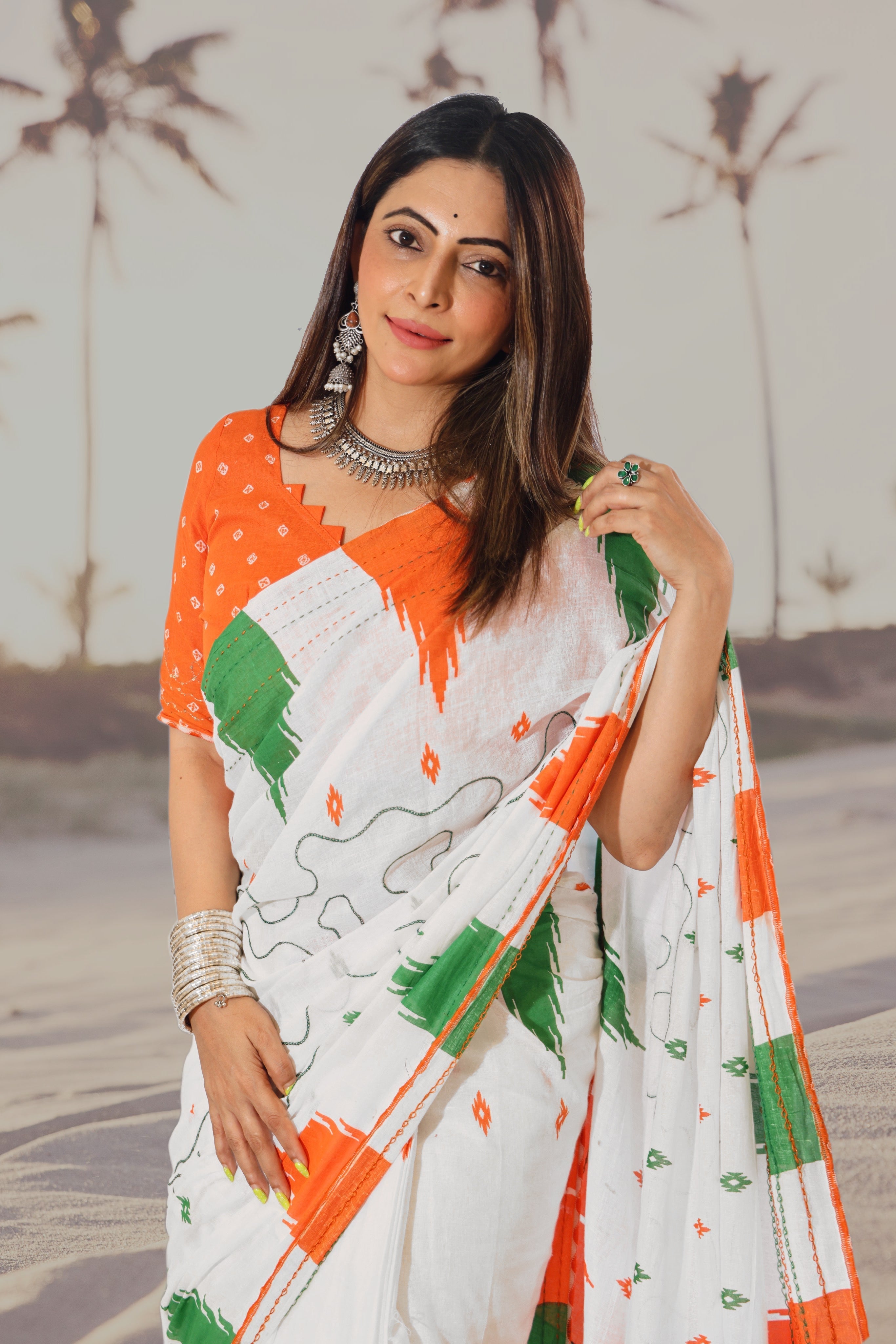 Independence Day Linen Tiranga Saree with Digital Print