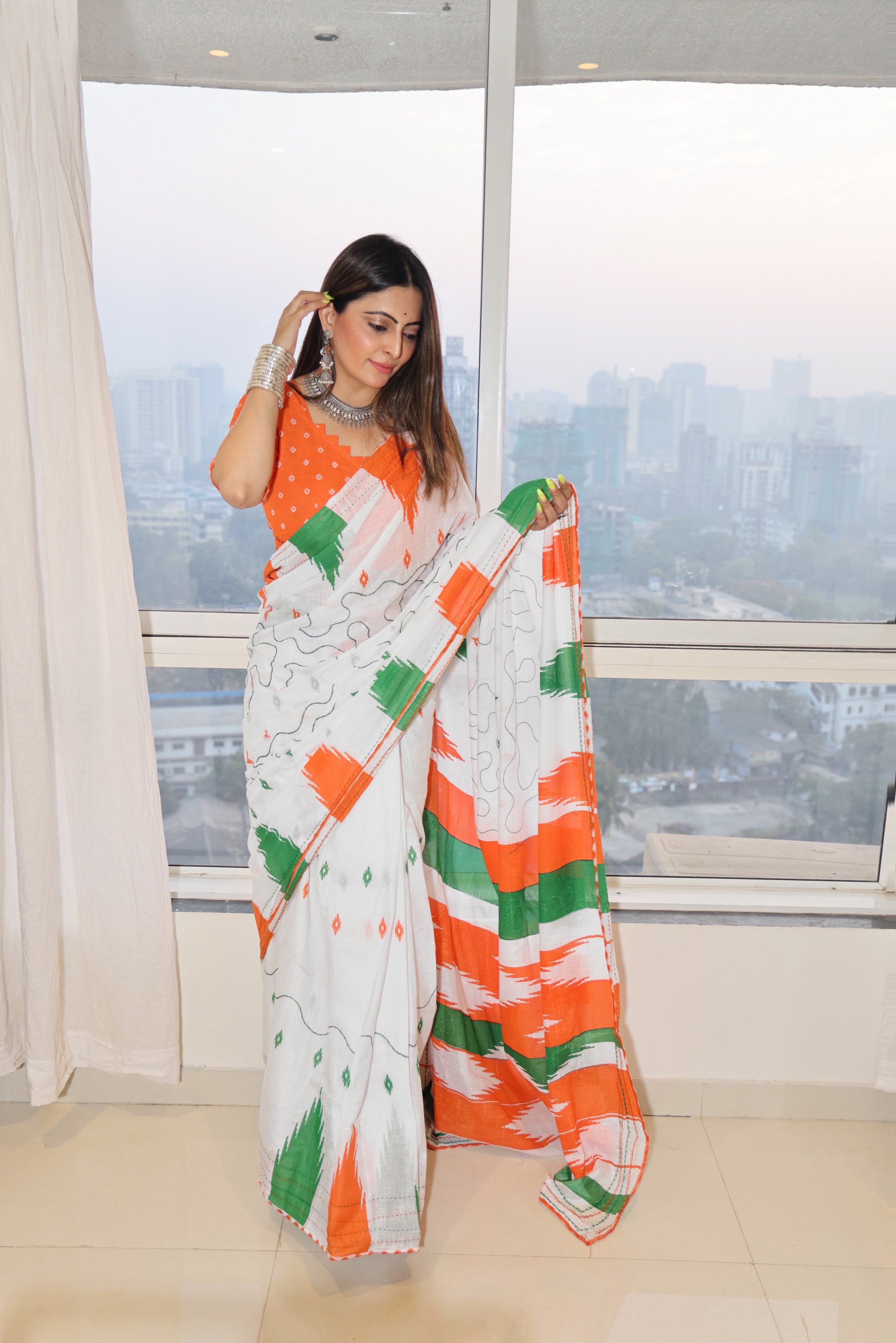 Independence Day Linen Tiranga Saree with Digital Print