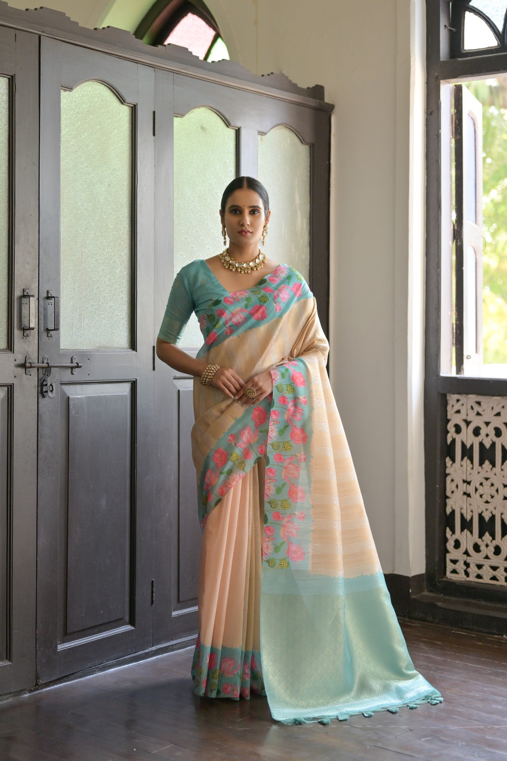 Light Sky Blue Banarasi Silk Saree with Zari Woven Pallu & Printed Border