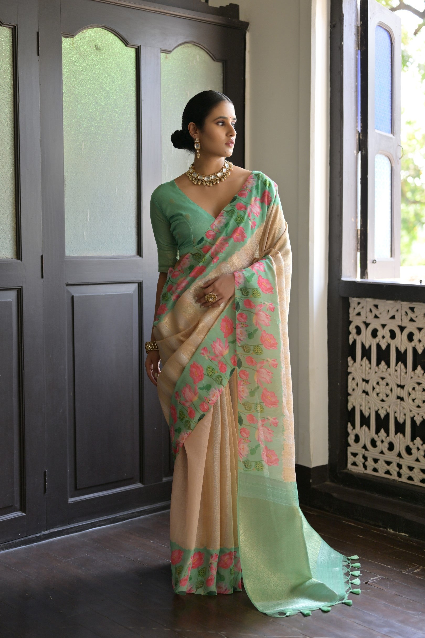 Light Mint Green Banarasi Silk Saree with Zari Pallu & Printed Border