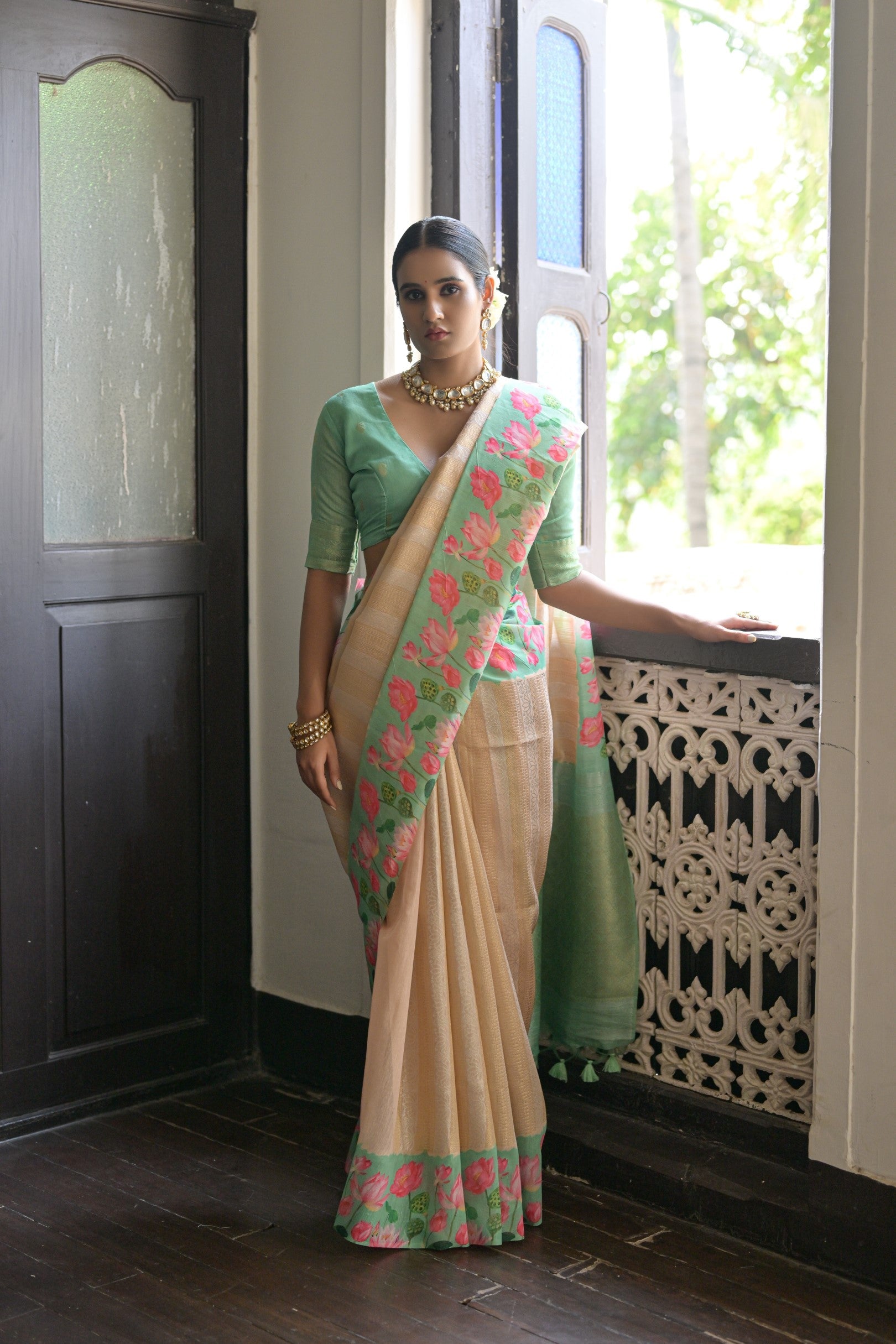 Light Mint Green Banarasi Silk Saree with Zari Pallu & Printed Border