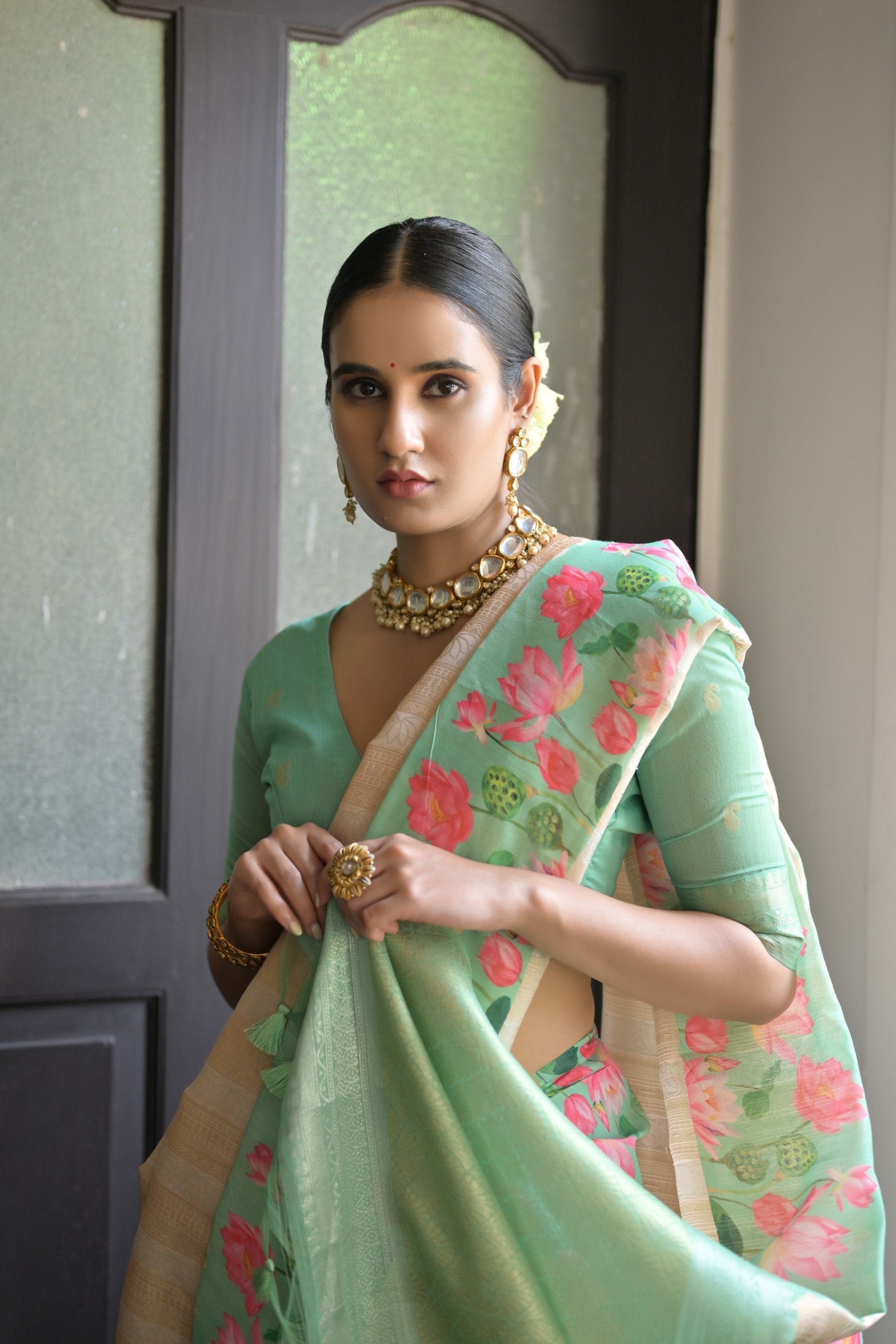 Light Mint Green Banarasi Silk Saree with Zari Pallu & Printed Border