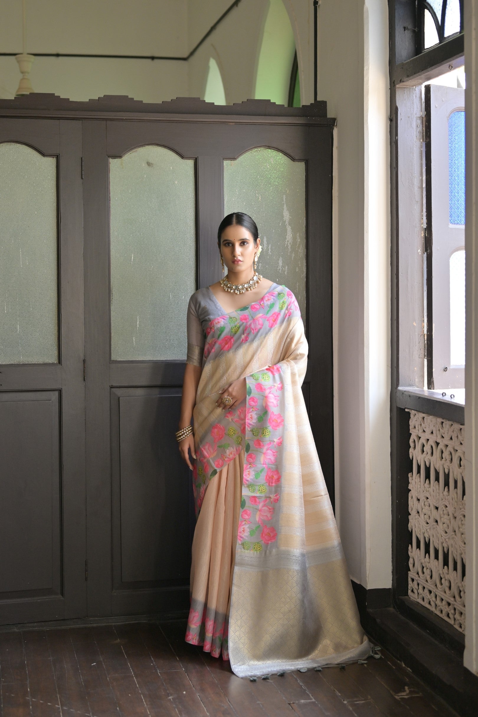 Glacier Grey Banarasi Silk Saree with Zari Pallu & Printed Border