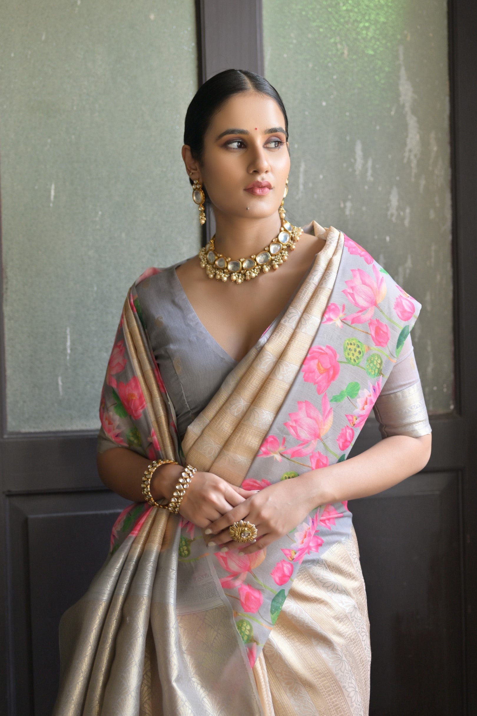 Glacier Grey Banarasi Silk Saree with Zari Pallu & Printed Border