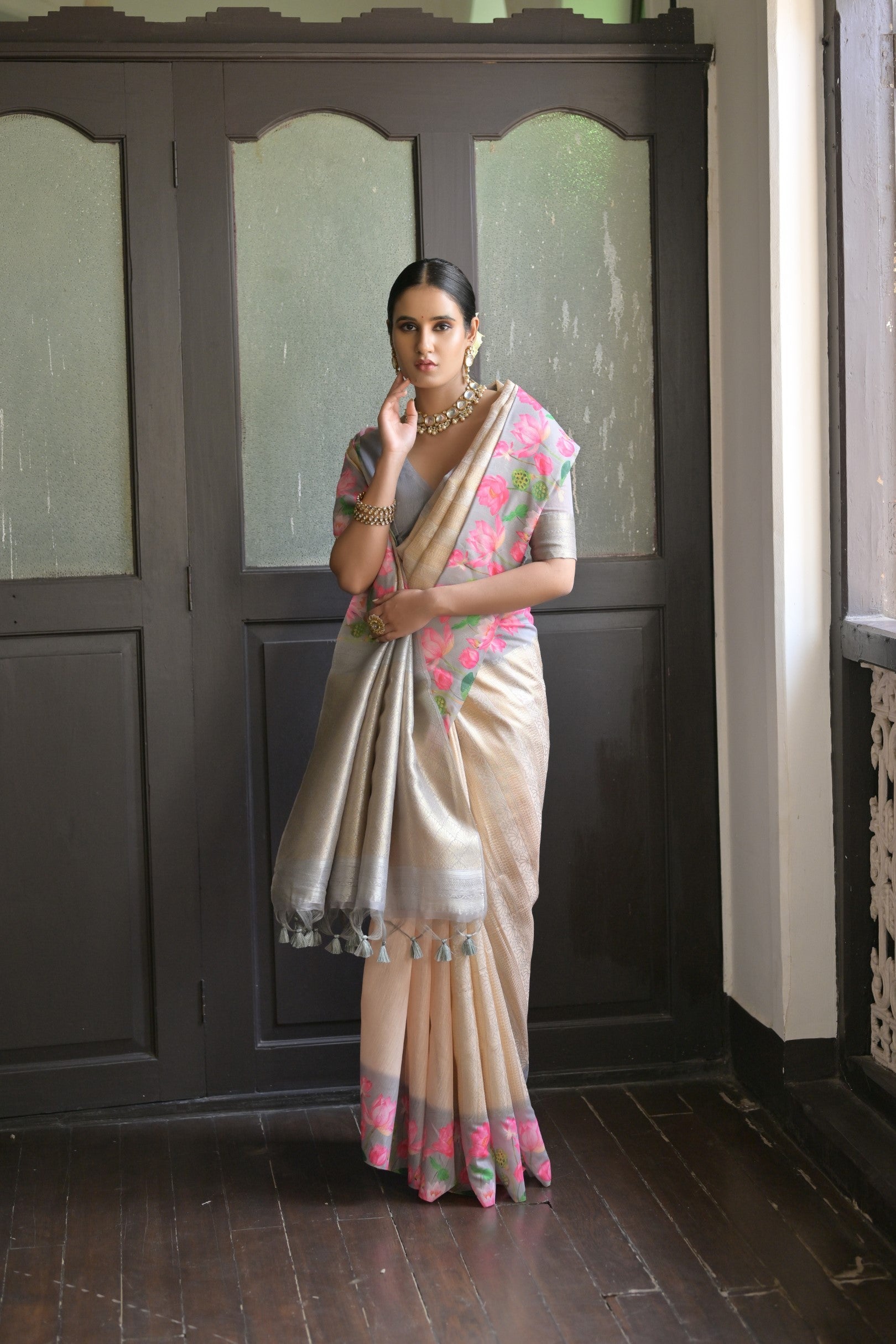 Glacier Grey Banarasi Silk Saree with Zari Pallu & Printed Border