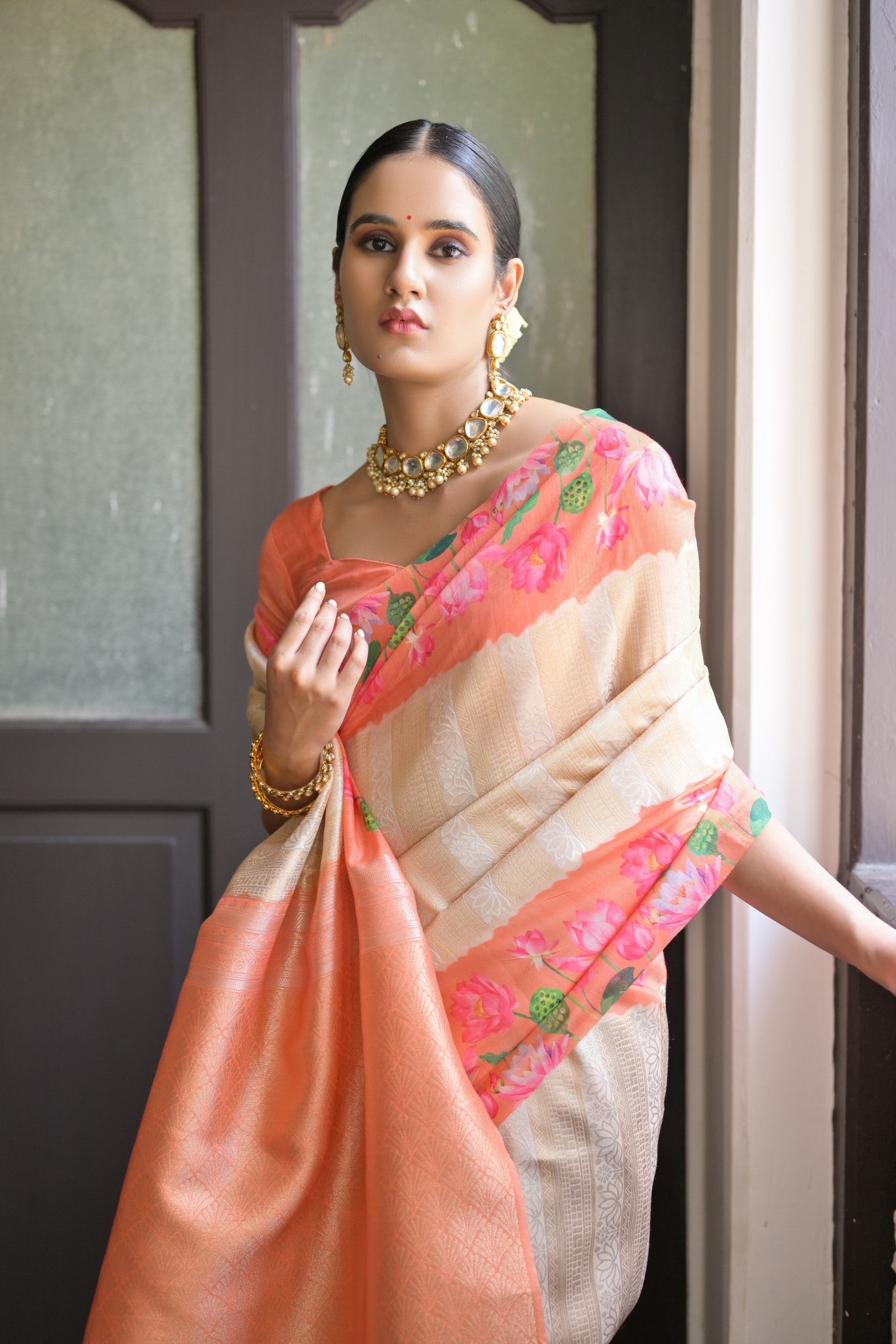 Blaze Orange Banarasi Silk Saree with Zari Pallu & Printed Border