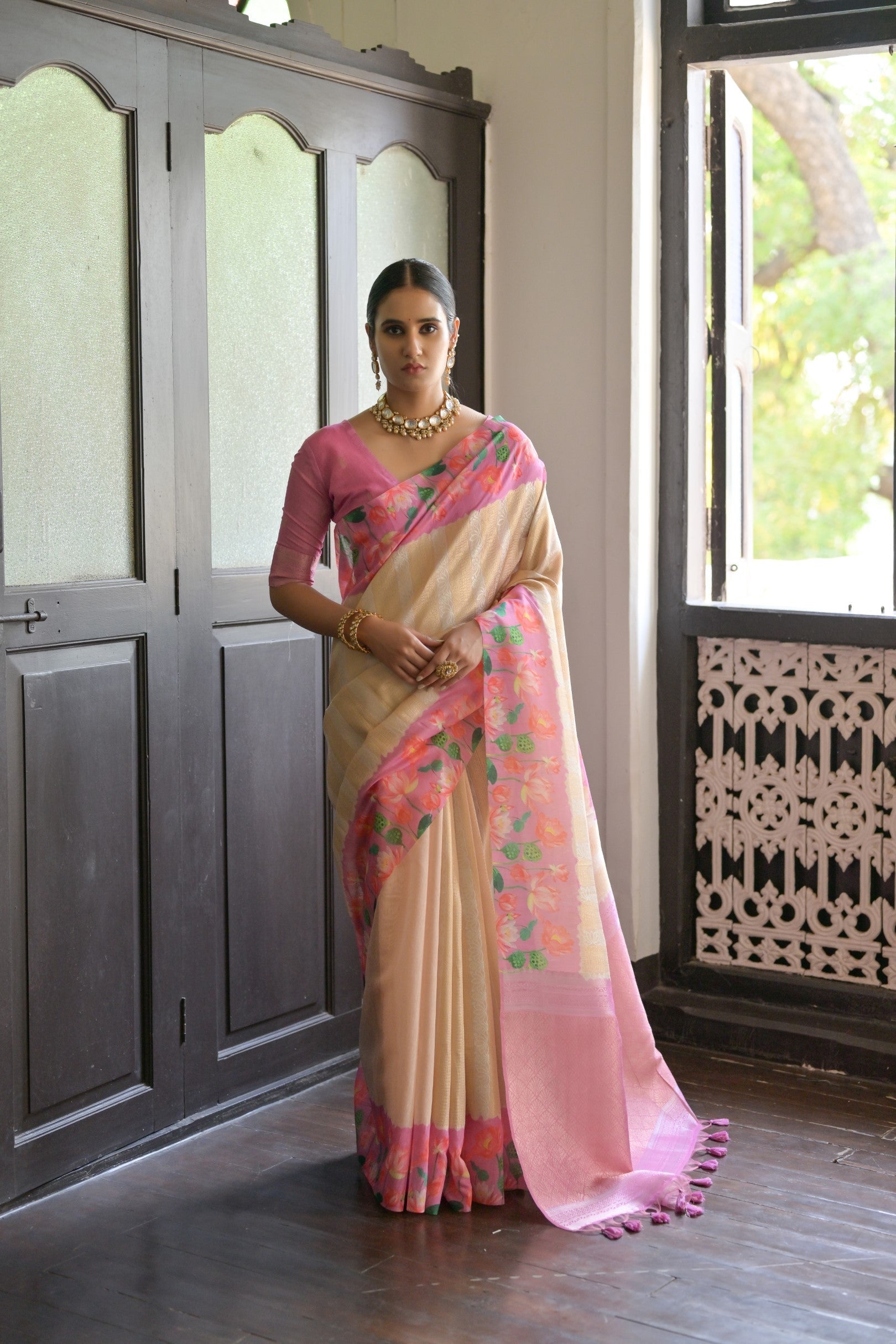 Rose Pink Banarasi Silk Saree with Zari Pallu & Lotus Printed Border