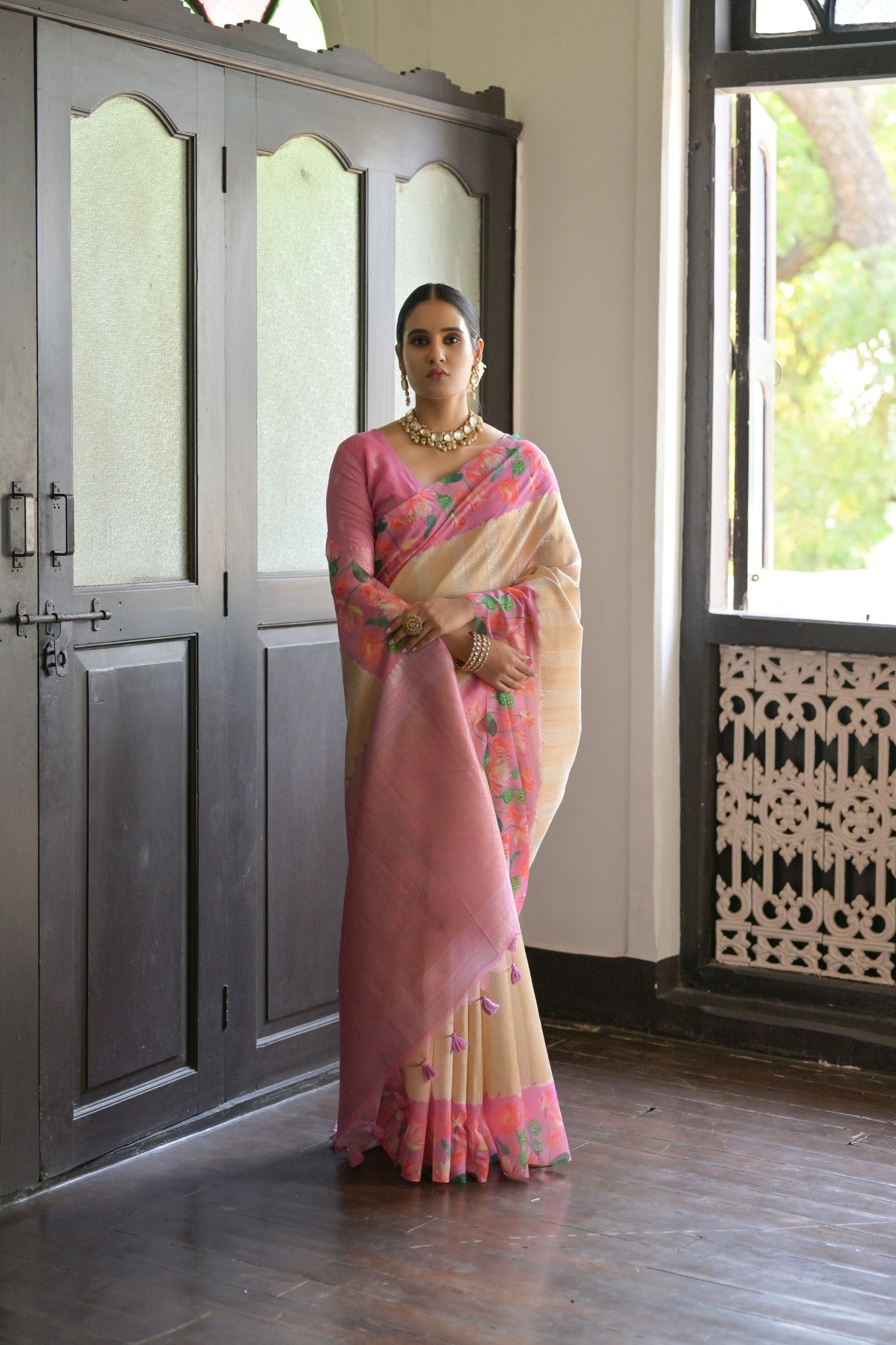 Rose Pink Banarasi Silk Saree with Zari Pallu & Lotus Printed Border