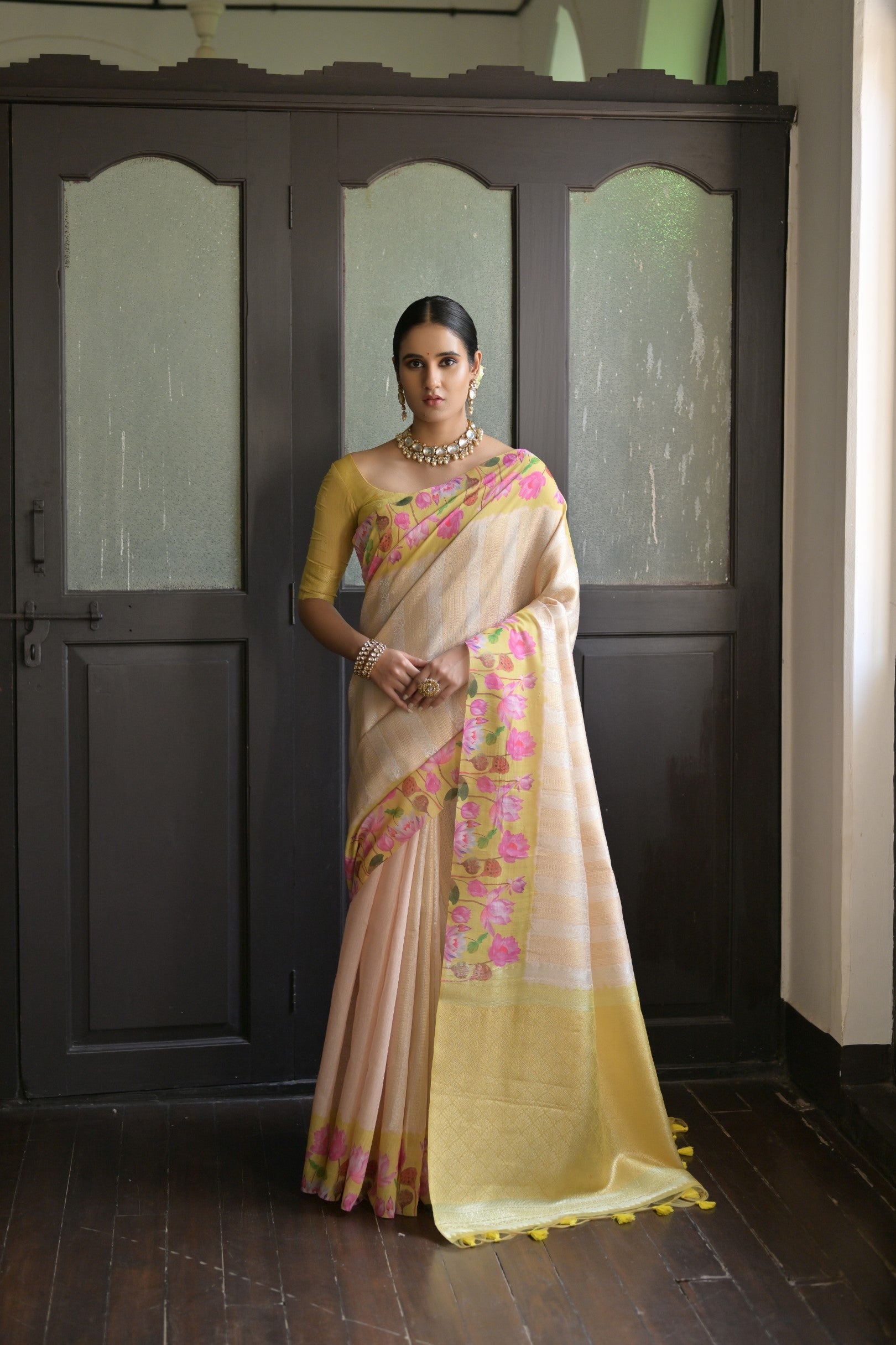 Canary Yellow Banarasi Silk Saree with Zari Pallu & Printed Border