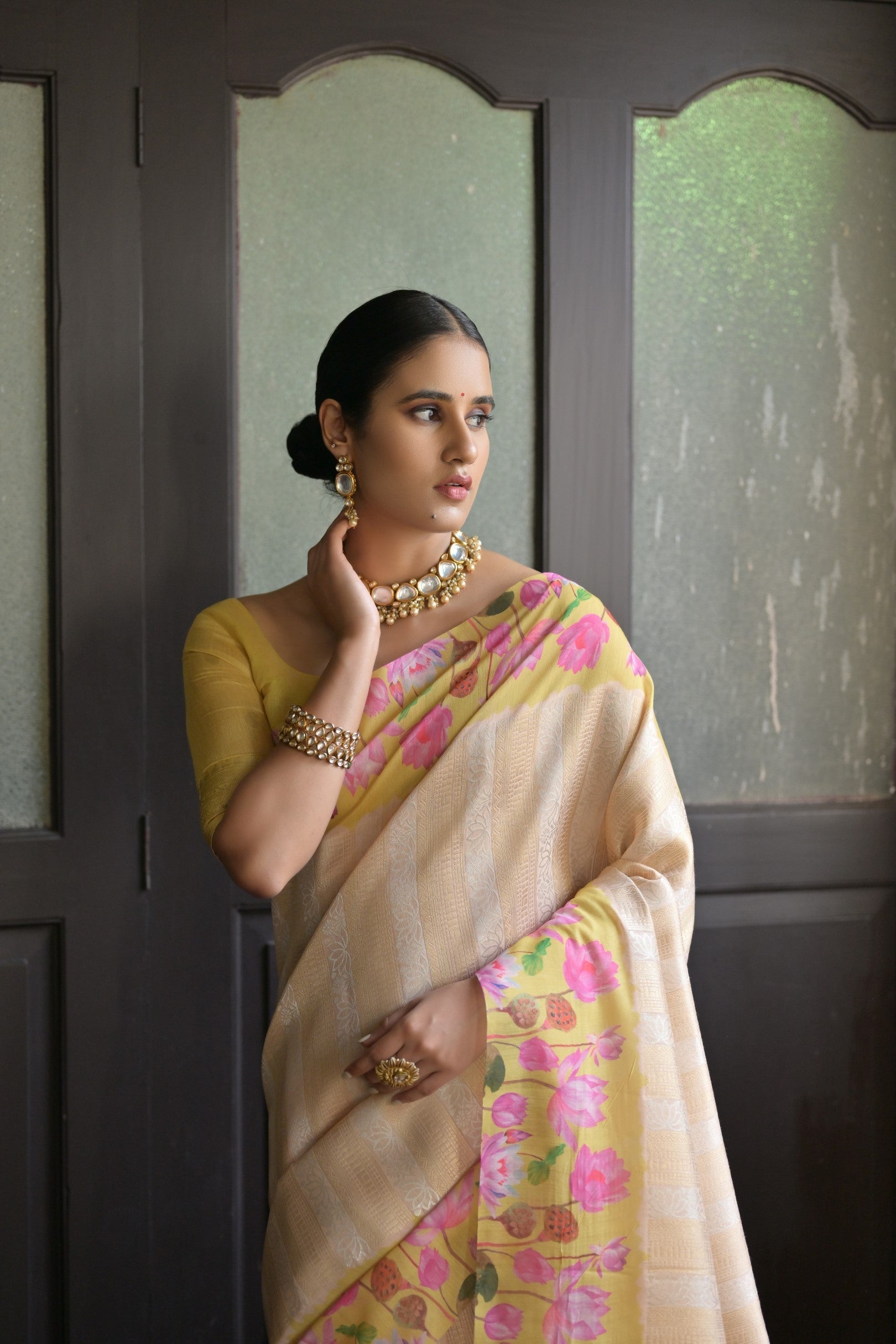 Canary Yellow Banarasi Silk Saree with Zari Pallu & Printed Border