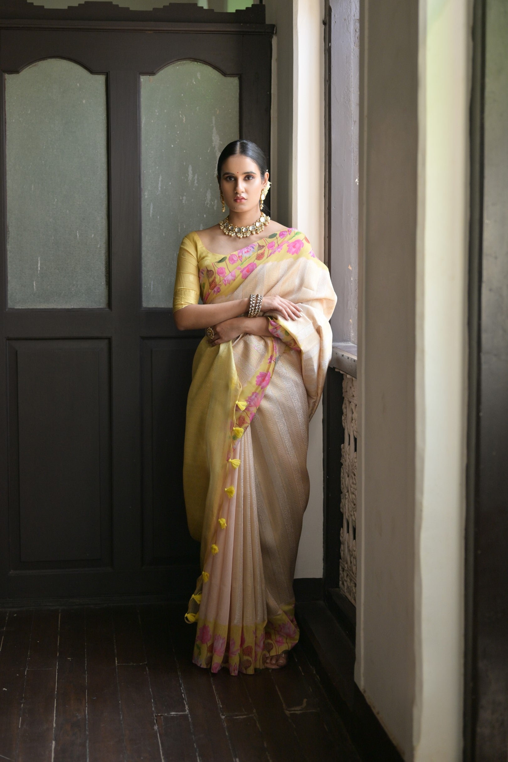 Canary Yellow Banarasi Silk Saree with Zari Pallu & Printed Border