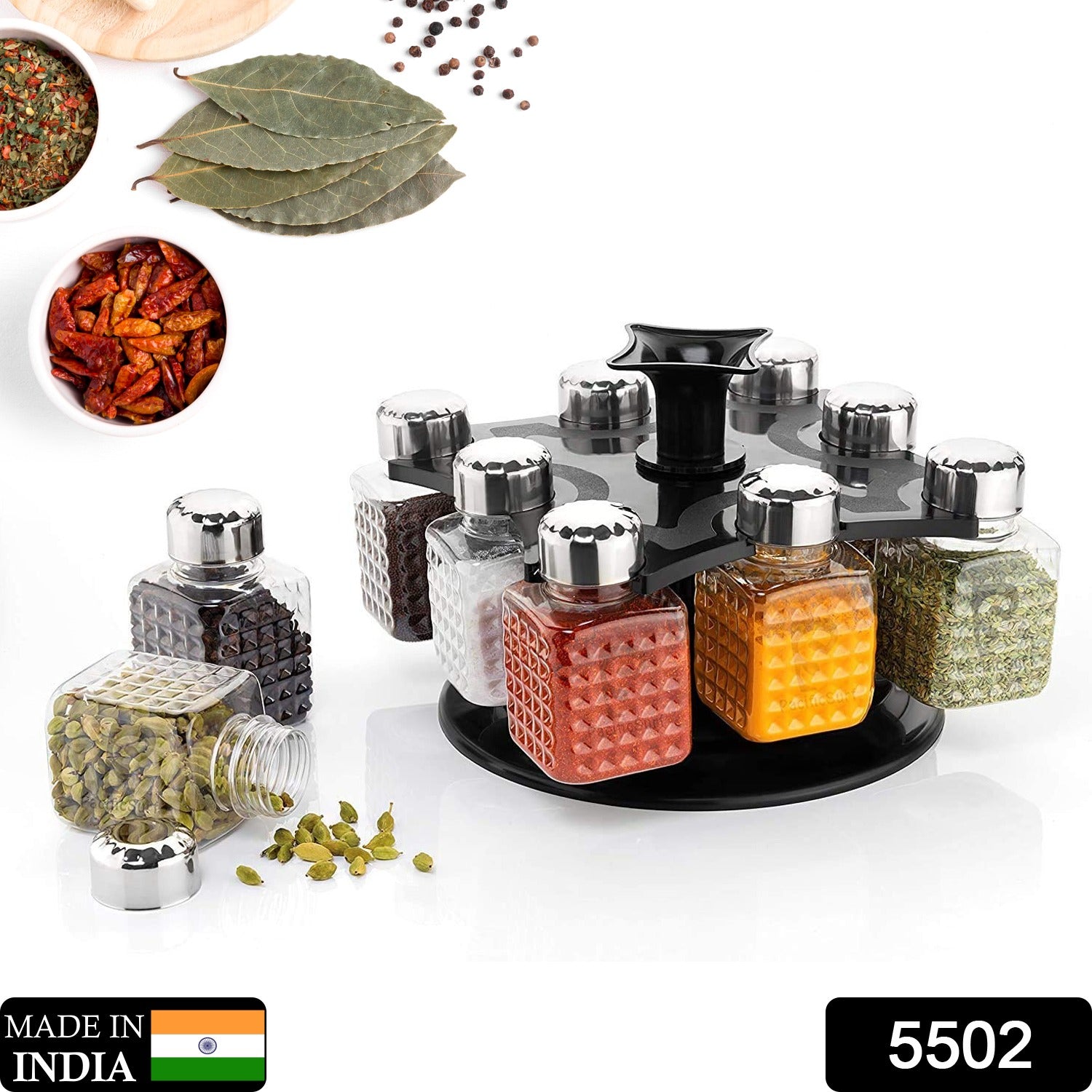 5502 All New Square 8 Bottle Design 360 Degree Revolving Spice Rack Container Condiment Pieces Set Square Small Container