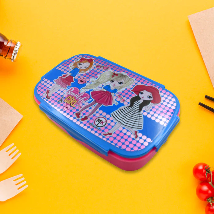 5485 Cartoon Printed Plastic Lunch Box With Inside Small Box Spoon For Kids Air Tight Lunch Tiffin Box For Girls Boys Food Container Specially Designed For School Going Boys And Girls