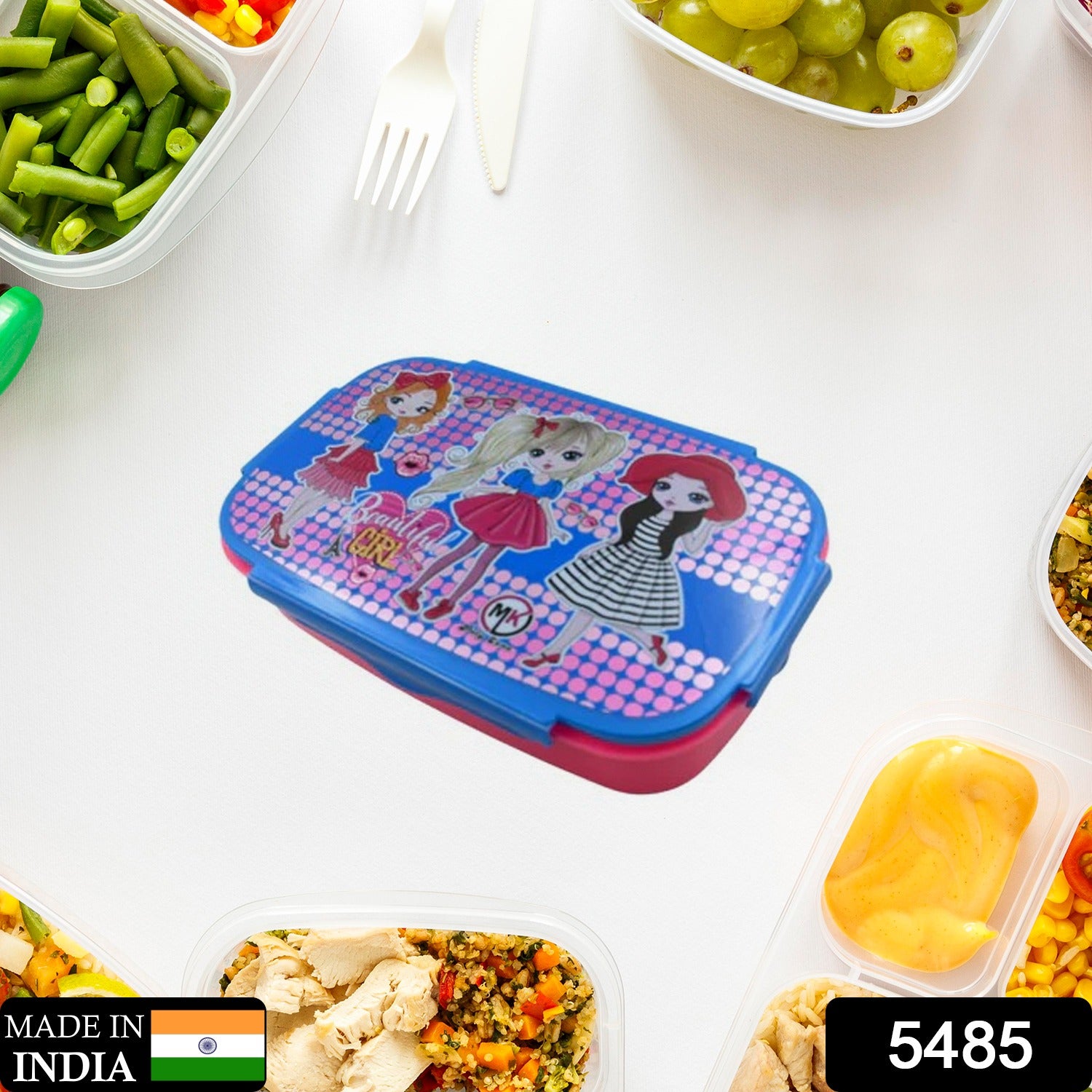 5485 Cartoon Printed Plastic Lunch Box With Inside Small Box Spoon For Kids Air Tight Lunch Tiffin Box For Girls Boys Food Container Specially Designed For School Going Boys And Girls