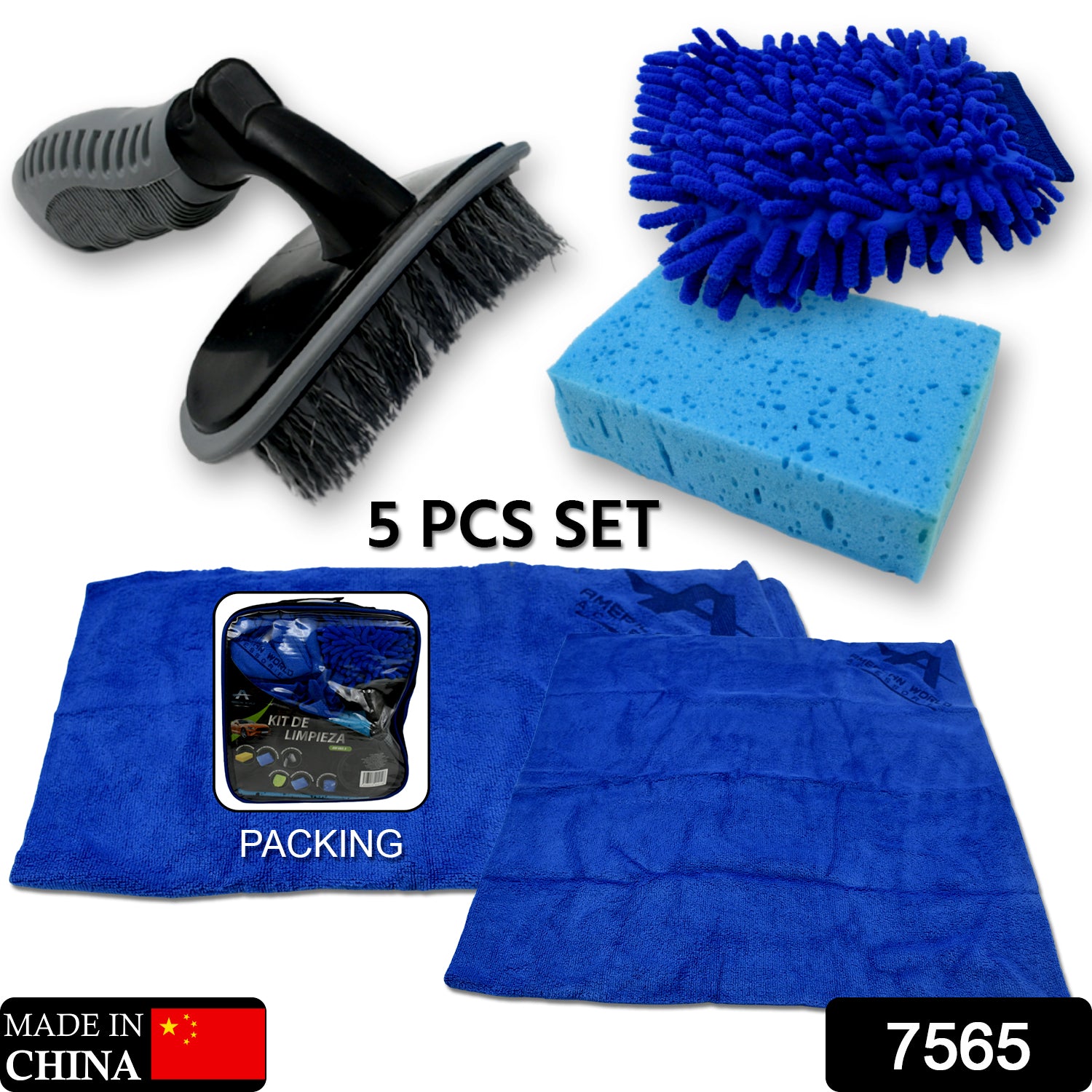 7565 Car  Bike Cleaning Combo Microfiber Car Wash Sponge And Gloves Automobile Cleaning Sponges 2 Wash Towel 1 Brush 1 Sponge 1 Gloves Car Wash Cleaning Tools Kit (5 Pcs Set)