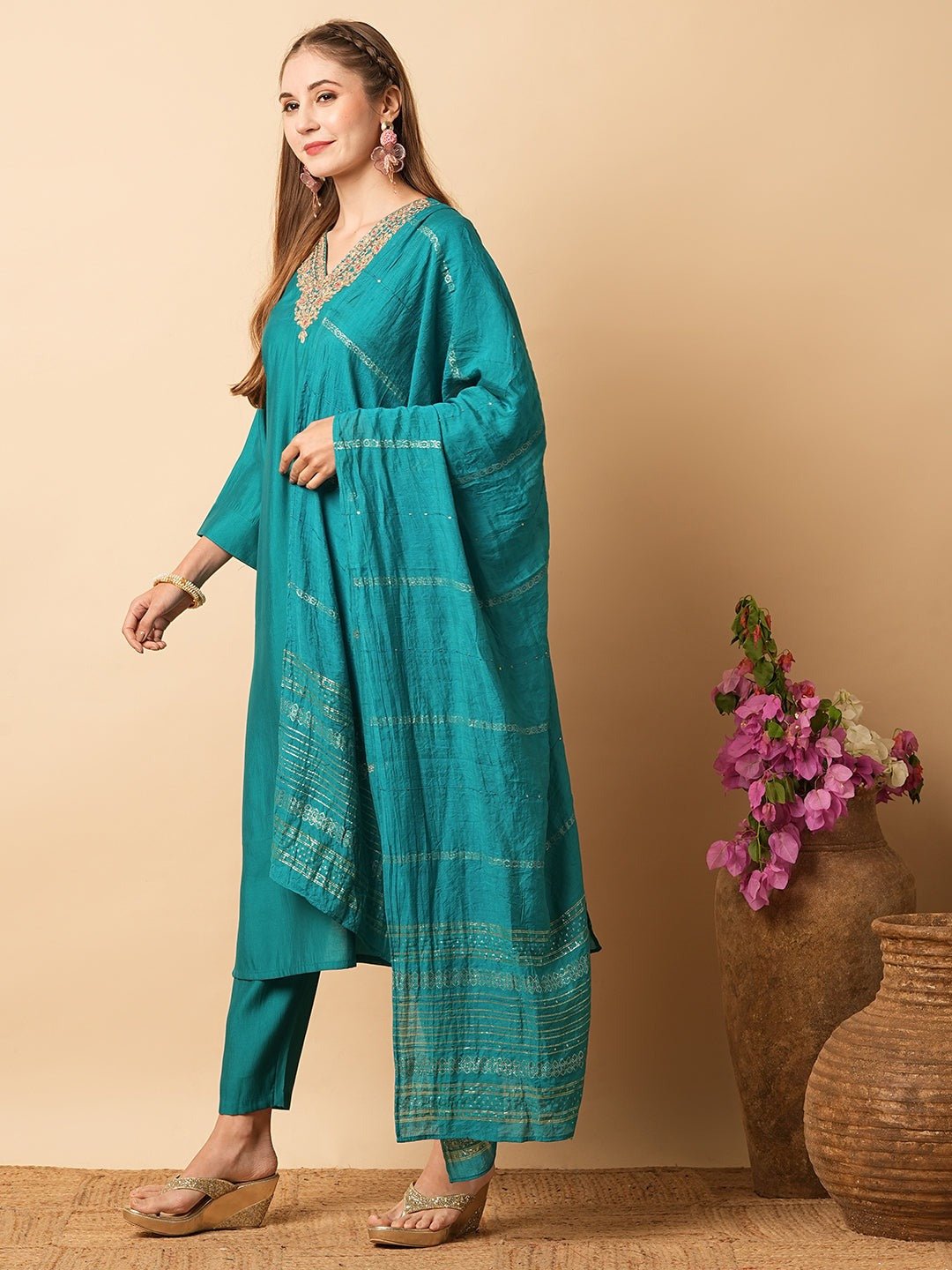 Elegant Embroidered Vichitra Silk Kurta Set with Dupatta