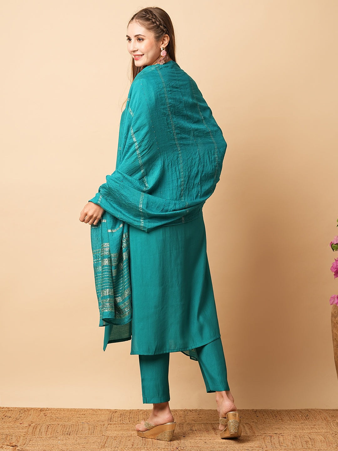 Elegant Embroidered Vichitra Silk Kurta Set with Dupatta