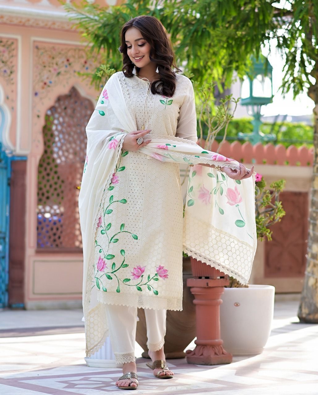 Trendy Chikankari Cotton Kurta Set with Mulmul Dupatta & Pant