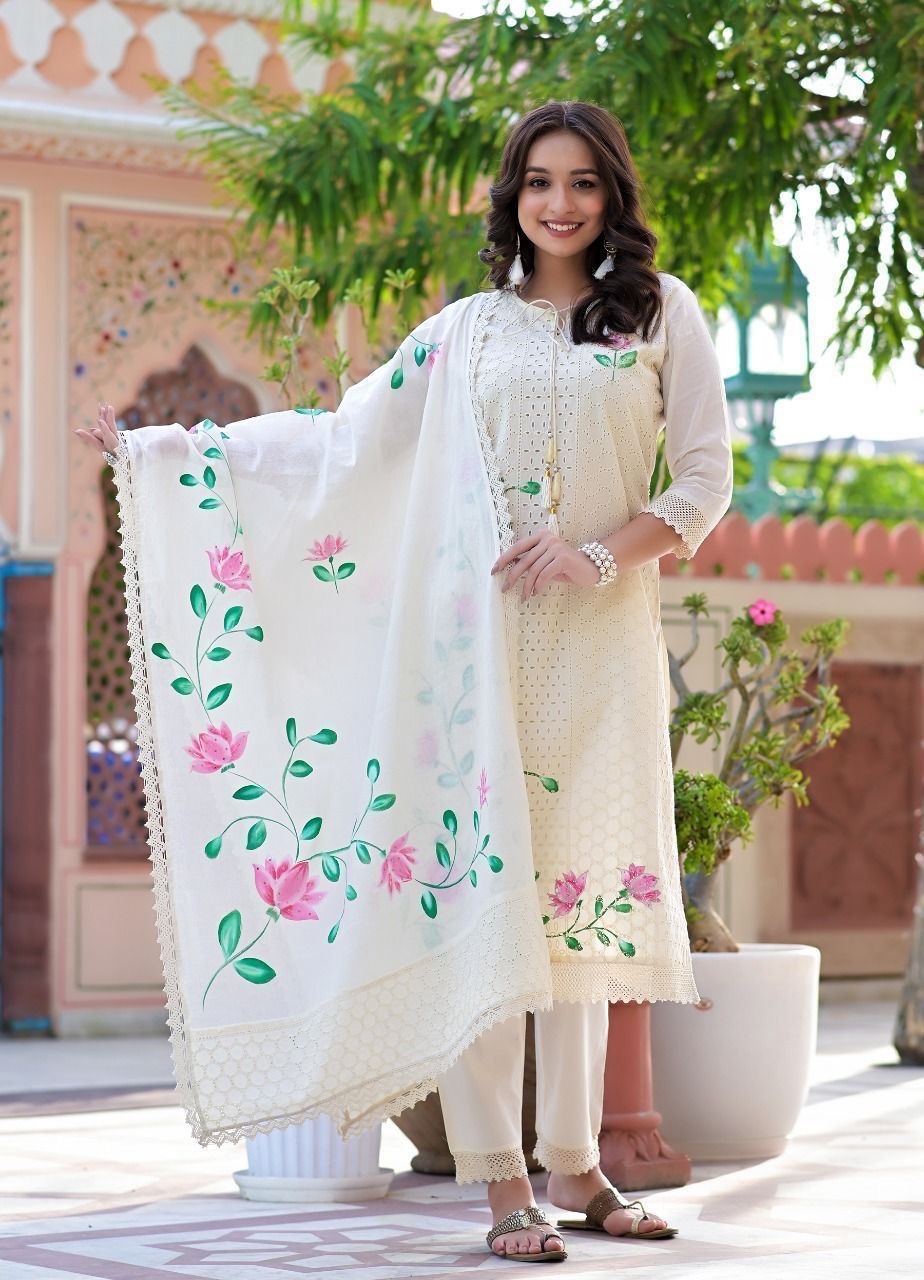 Trendy Chikankari Cotton Kurta Set with Mulmul Dupatta & Pant