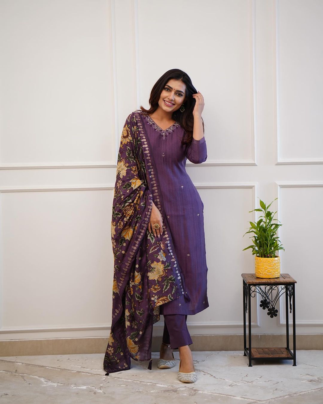 Purple Rayon Kurta Set with Muslin Dupatta