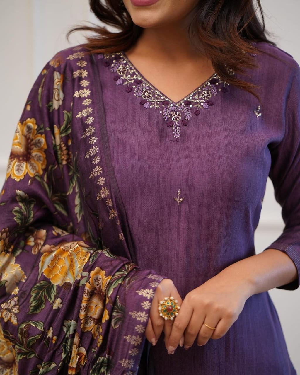 Purple Rayon Kurta Set with Muslin Dupatta